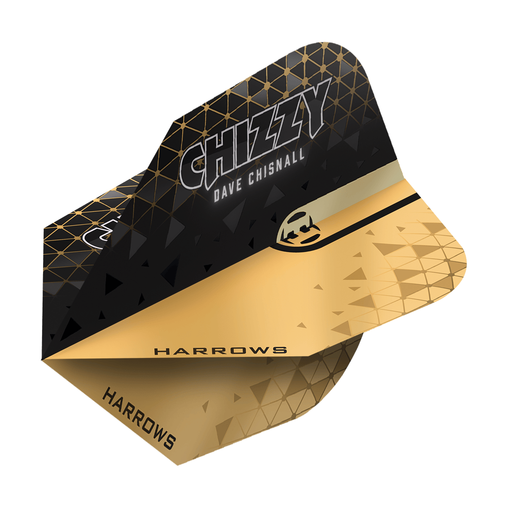 Harrows Prime Dave Chisnall Chizzy 2 No. 6 Flights Das Bild zeigt ein Harrows Prime Dave Chisnall Chizzy 2 No6 Flight. Das Flight ist schwarz-gold gestaltet und trägt den Aufdruck "CHIZZY DAVE CHISNALL" sowie das Harrows-Logo.