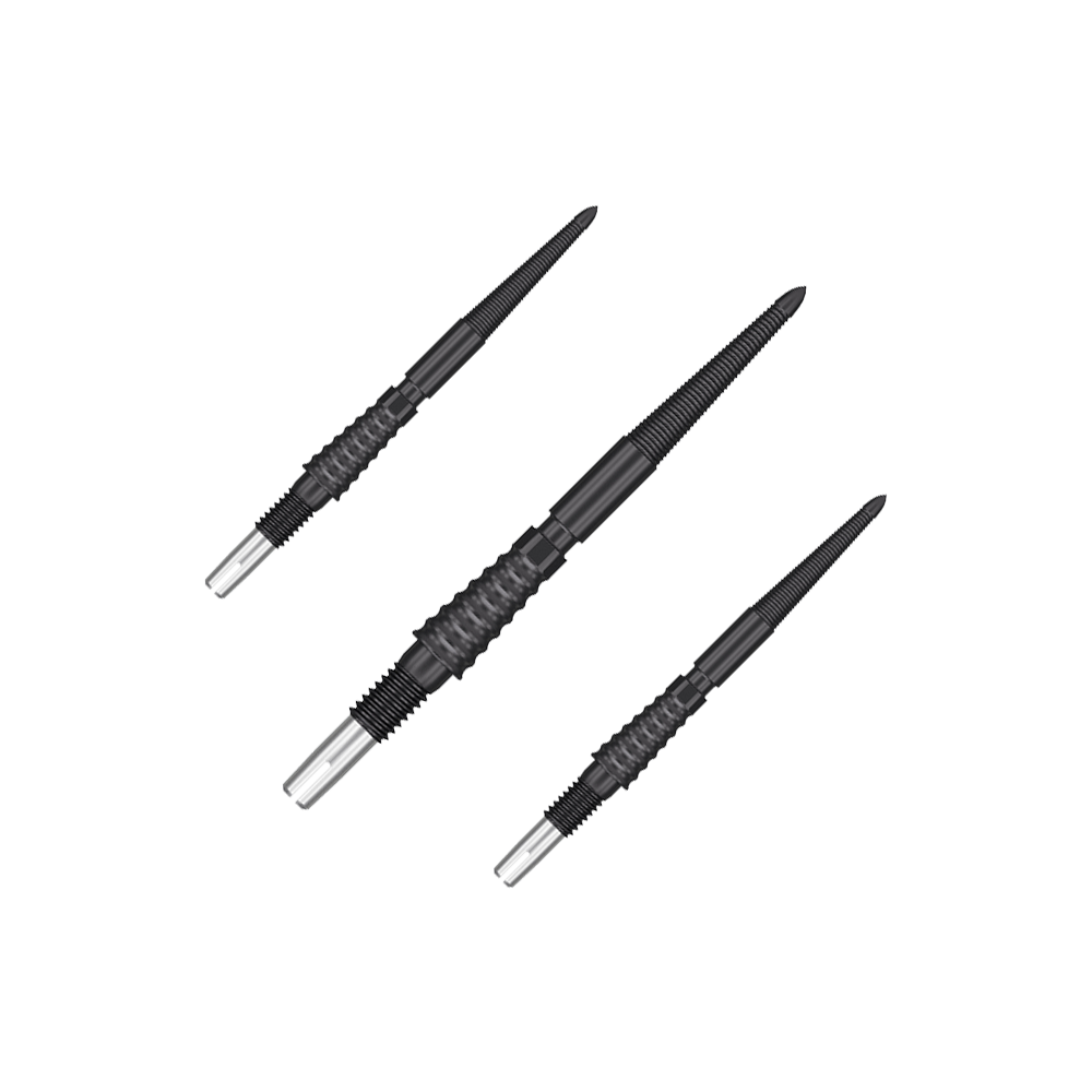 Pointes de fléchettes Target Swiss Storm LNC - Noires Auf dem Bild sind drei schwarze Dartspitzen mit silbernem Ende zu sehen. Sie liegen nebeneinander auf einem neutralen Hintergrund.