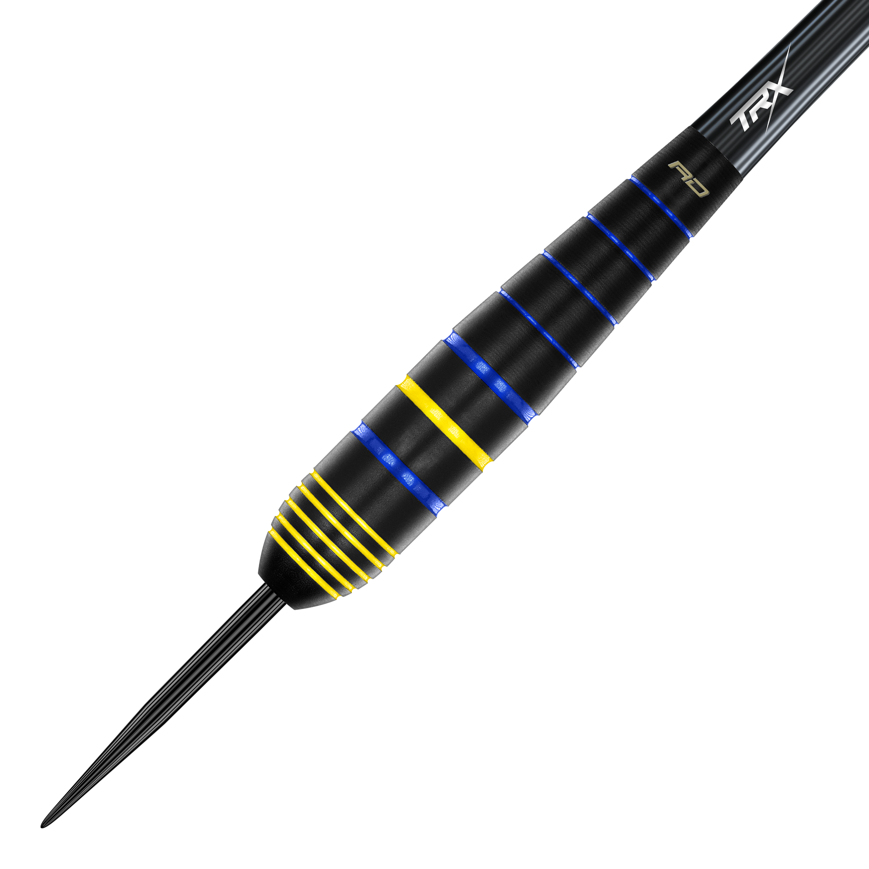 Fléchettes Red Dragon Luke Humphries, champion du monde en laiton et acier Das Bild zeigt einen Red Dragon Luke Humphries World Champion Brass Steeldart. Der Dart ist schwarz mit blauen und gelben Ringen verziert.