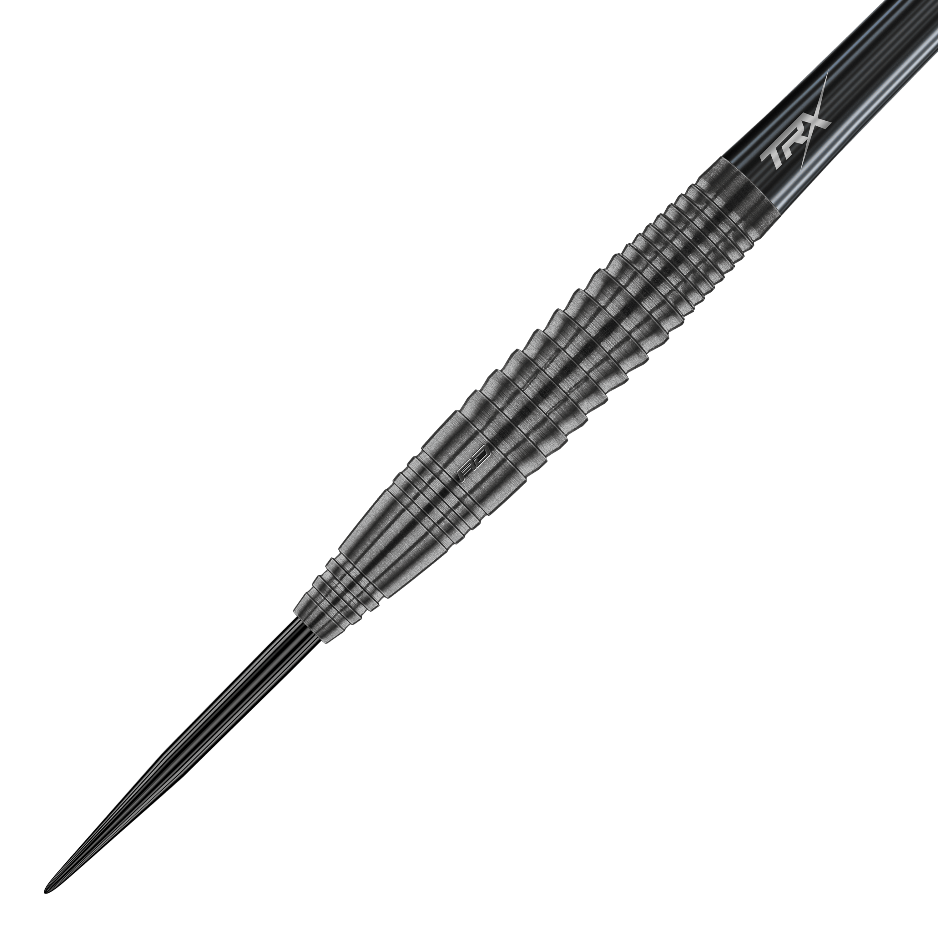 Fléchettes en acier Onyx Seren 4 du Dragon Rouge Das Bild zeigt einen Red Dragon Seren 4 Onyx Steeldart. Der Dart hat ein schwarzes, gerilltes Metallgehäuse und eine spitze Stahlspitze.