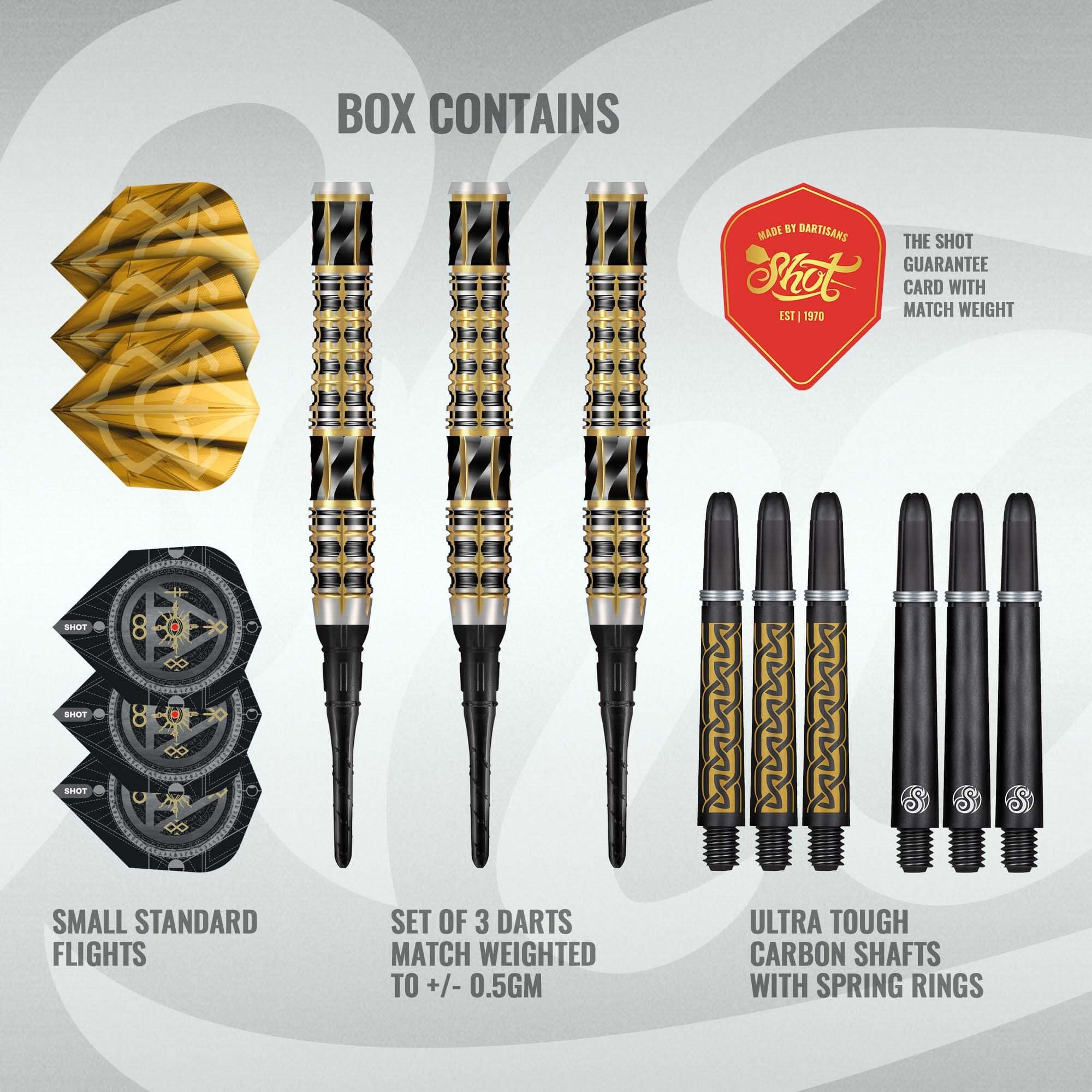 Fléchettes en mousse Shot Alchemy Auro - 20 g Die Shot Alchemy Auro Softdarts - 20g werden präsentiert. Die Darts sind speziell für Softdart geeignet.