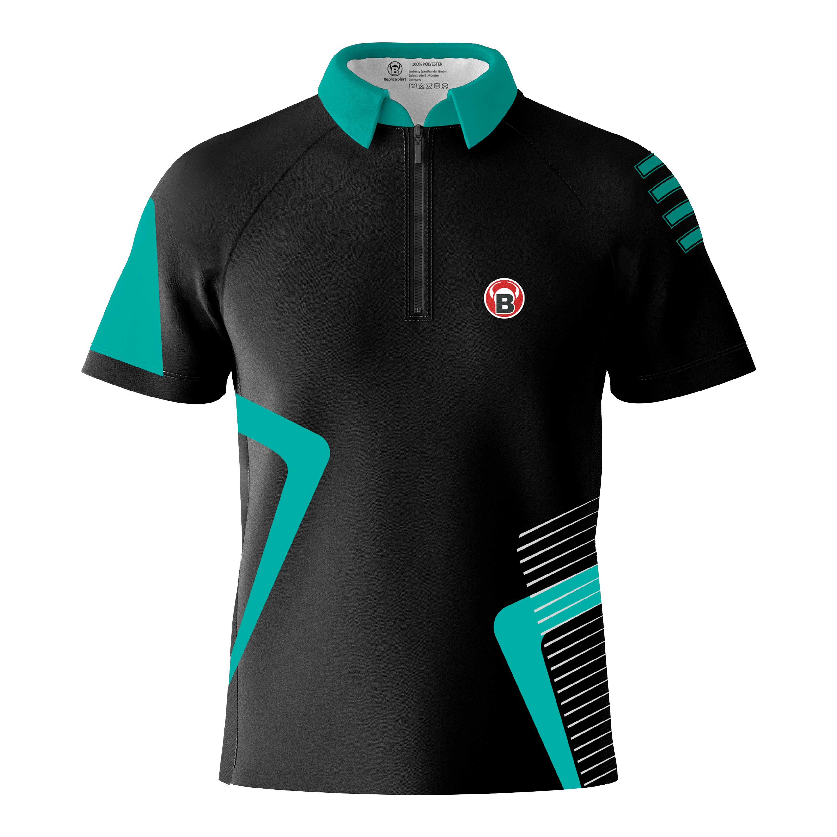 T-shirt Bulls Team Dart - Menthe Das Bild zeigt das Bulls Team Dartshirt in der Farbe Mint. Das Shirt ist überwiegend schwarz mit mintfarbenen Akzenten und einem kleinen B-Logo auf der Brust.