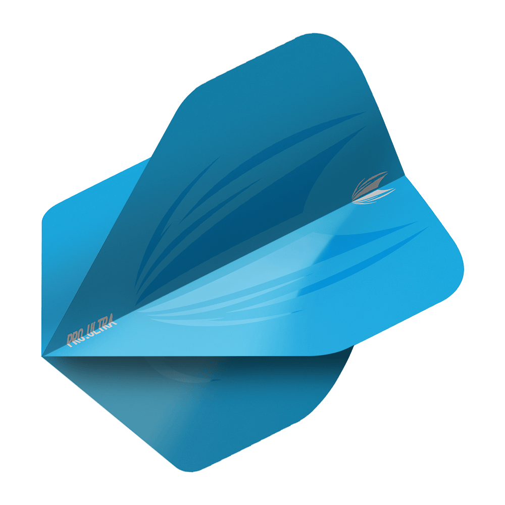 Das Bild zeigt das Produkt "Target ProUltra ID Blue No2 Standard Flights". Es handelt sich um ein blaues Dartflight mit einem modernen, grafischen Design.