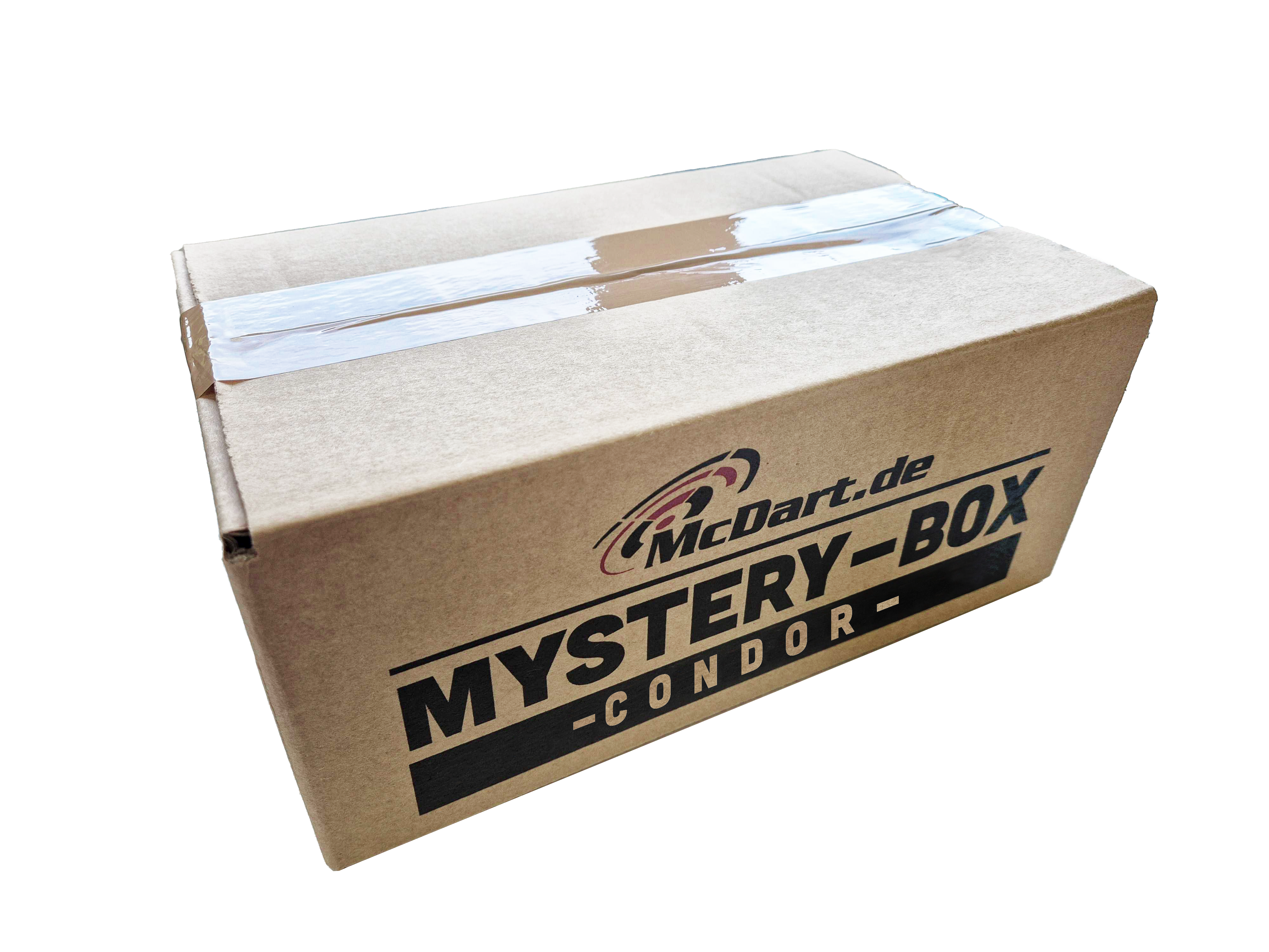 Boîte mystère McDart Condor Auf dem Bild ist ein brauner Karton mit der Aufschrift "McDart.de Mystery-Box Condor" zu sehen. Der Karton ist mit Klebeband versiegelt.