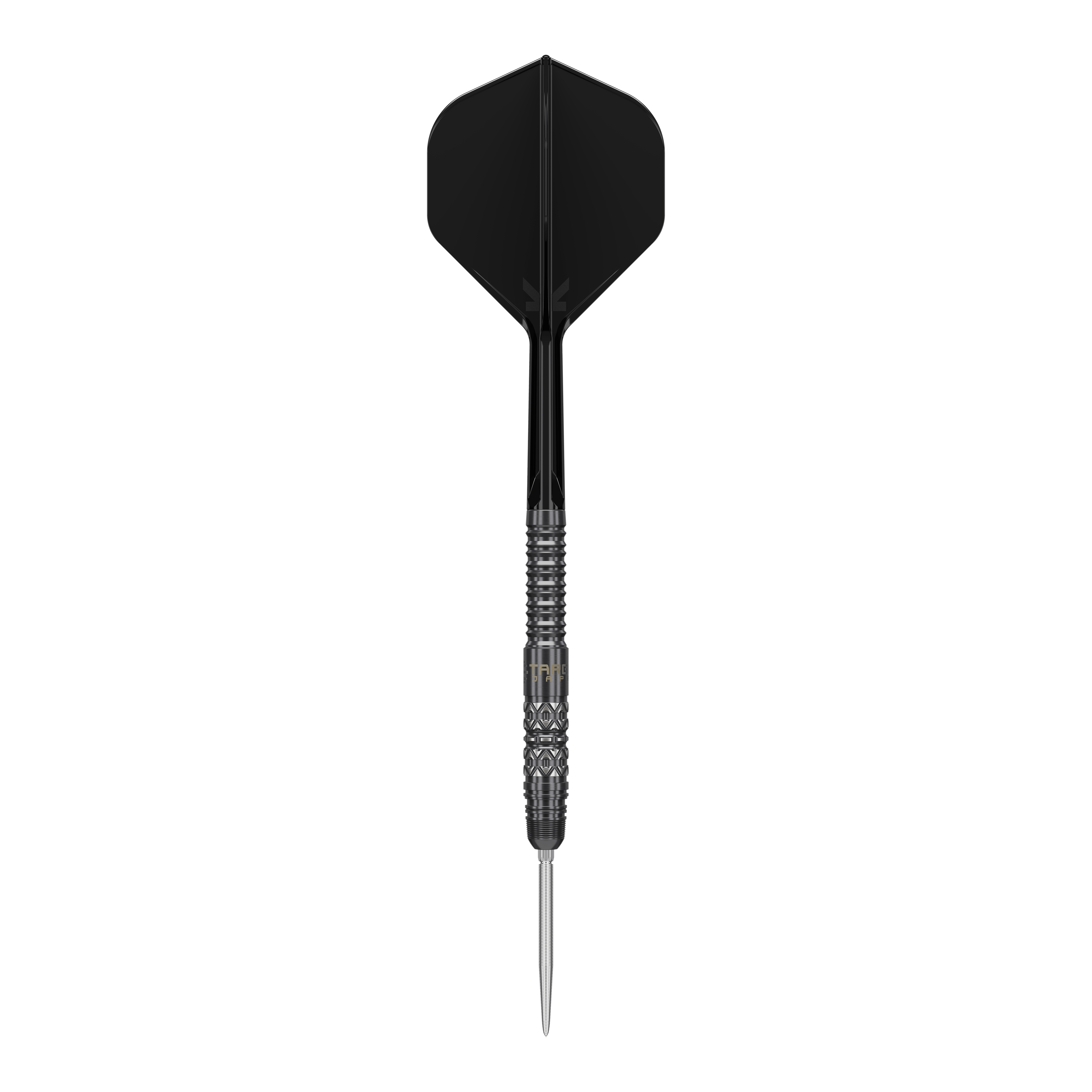Die Target Japan Black Marque Creed Swiss Point Steeldarts - 23g werden auf dem Bild gezeigt. Diese schwarzen Darts wirken hochwertig und professionell.