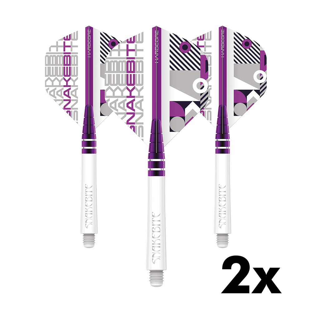 X0660_Red_Dragon_Peter_Wright_White_Flight_Shafts_Combo_Pack_1 Das Bild zeigt das Produkt "Red Dragon Peter Wright White Flight Shafts Combo Pack" mit drei weißen Shafts und bunten Flights. In der rechten unteren Ecke steht "2x", was auf zwei Sets hinweist.