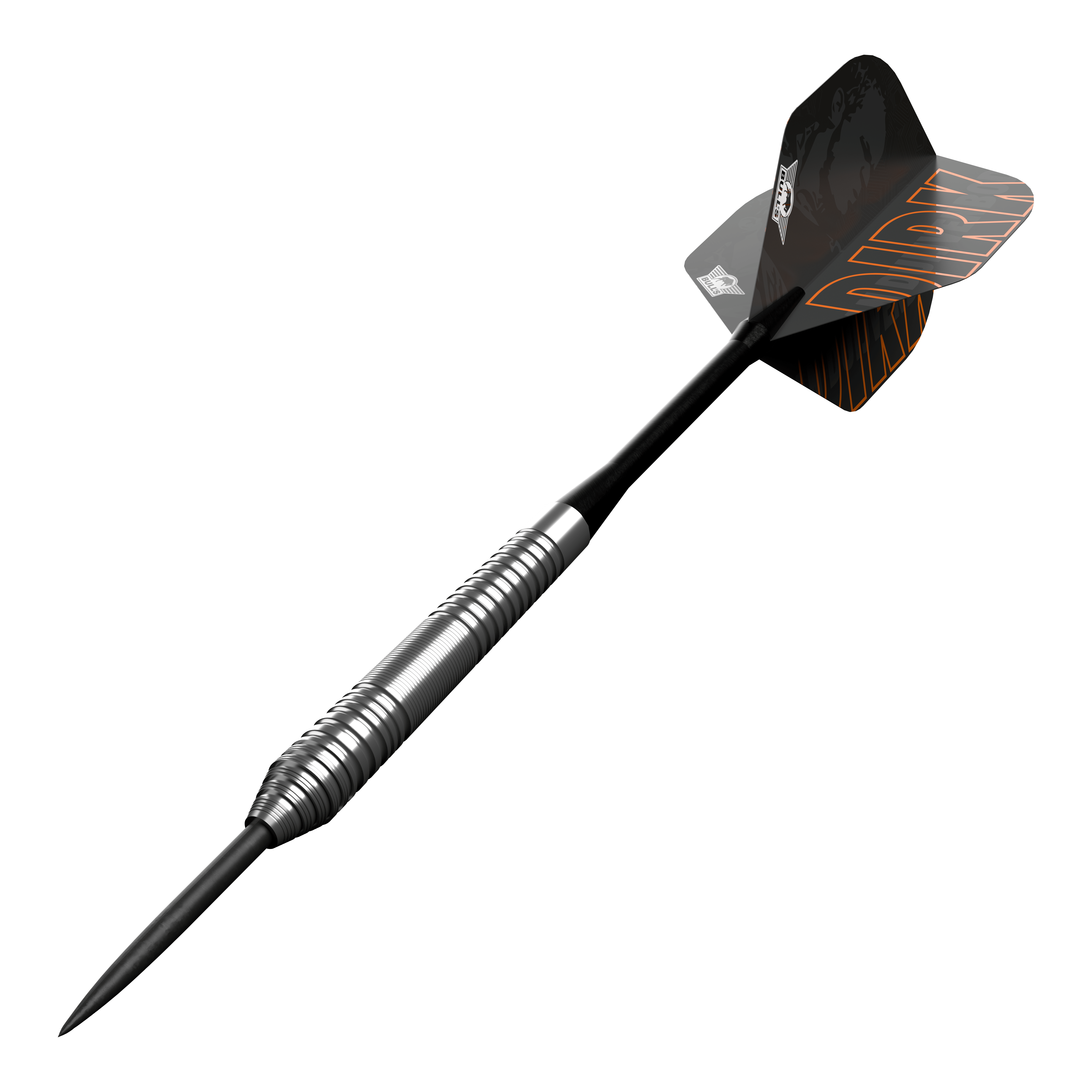 Bulls NL Dirk Van Duijvenbode 80 fléchettes en acier Dies ist ein Steeldart aus der Serie "Bulls NL Dirk Van Duijvenbode 80". Der Dart hat ein silbernes, geriffeltes Barrel und schwarze Flights mit orangefarbener Aufschrift.