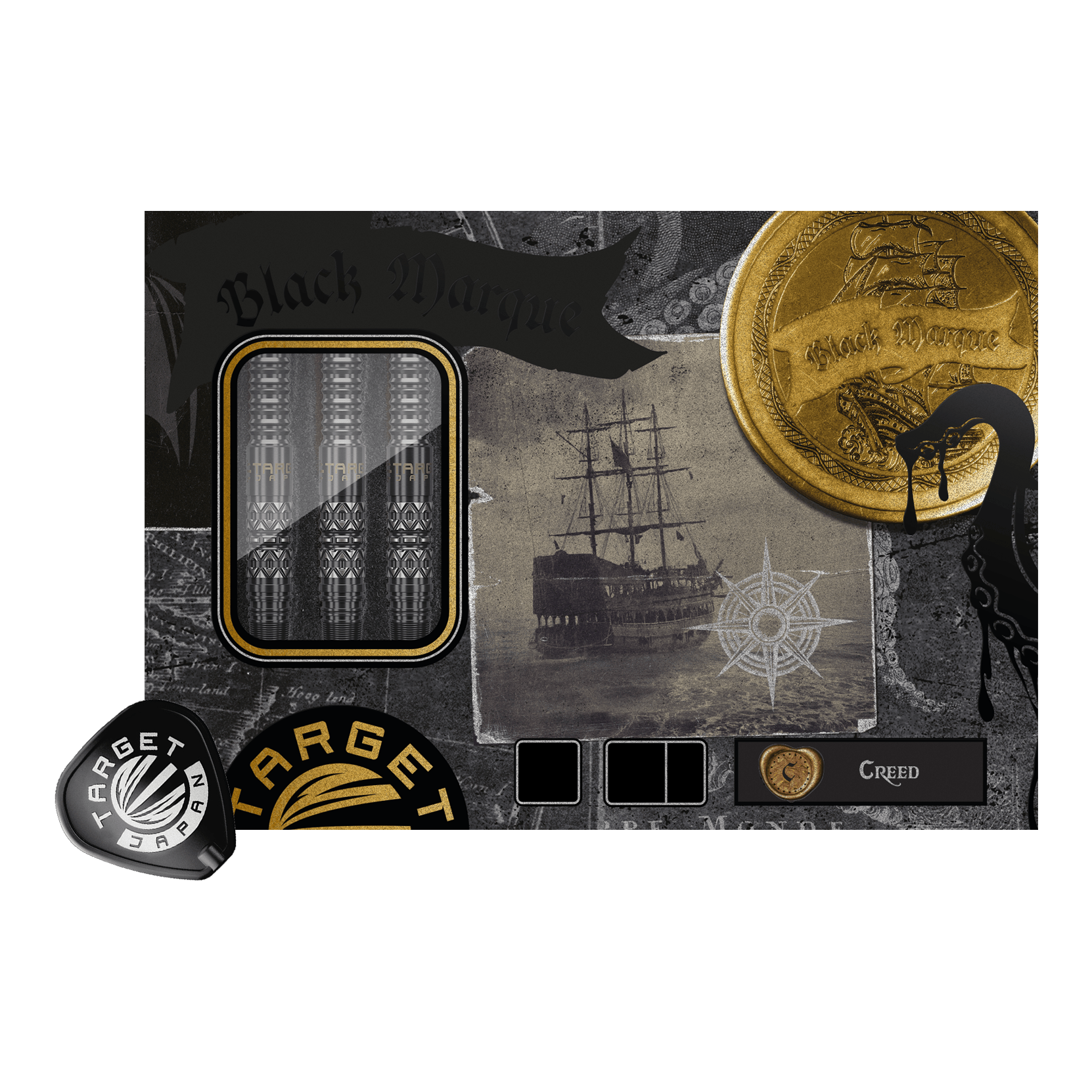 Fléchettes en acier Target Japan Black Marque Creed Swiss Point - 23 g Abgebildet sind die Target Japan Black Marque Creed Swiss Point Steeldarts - 23g. Diese Steeldarts bieten Präzision und optisch ansprechende Details.