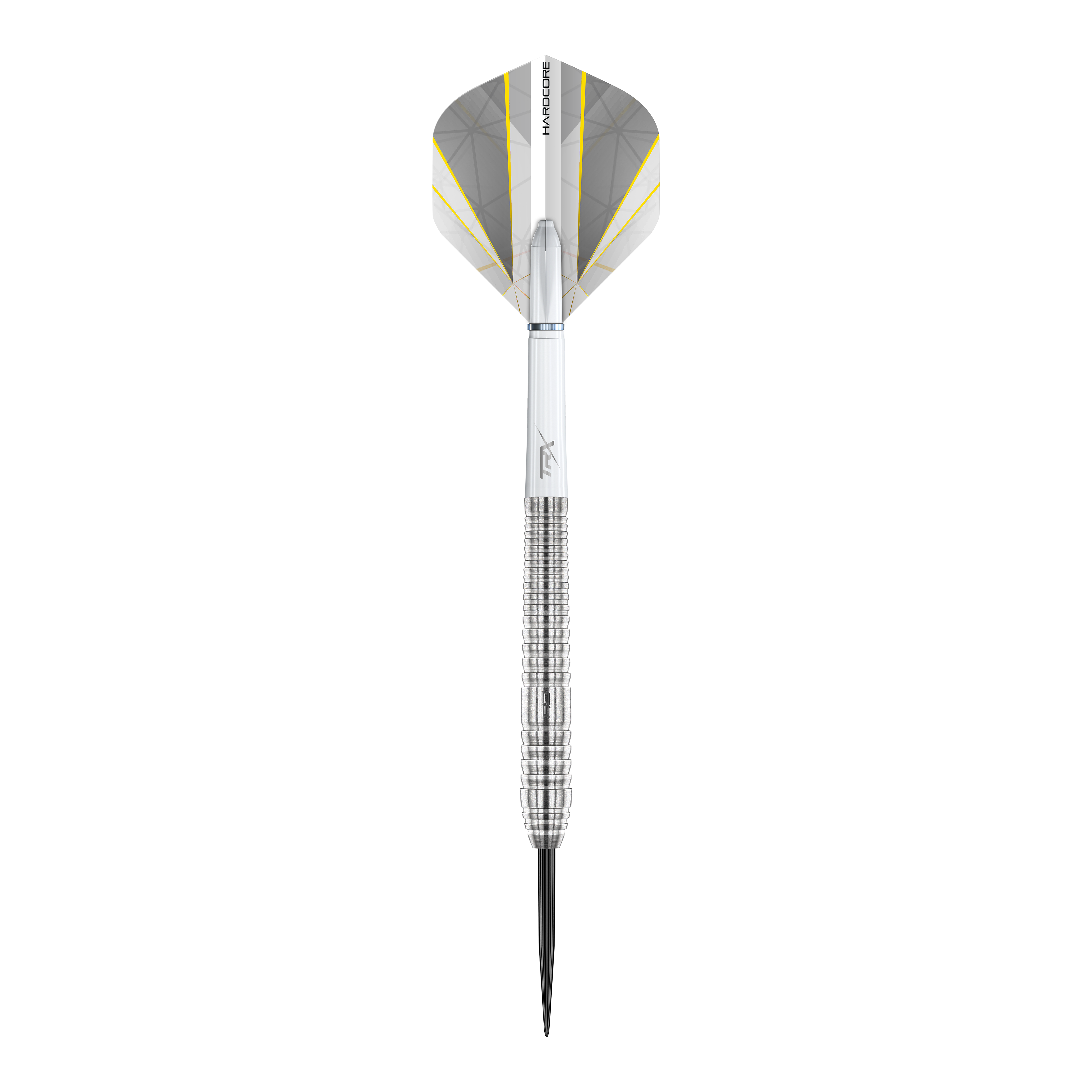 Dragon Rouge Seren 2 Pure Steeldarts Das Bild zeigt einen Red Dragon Seren 2 Pure Steeldart mit silbernem Schaft und Spitze. Die Flights sind weiß mit grauen und gelben Akzenten gestaltet.