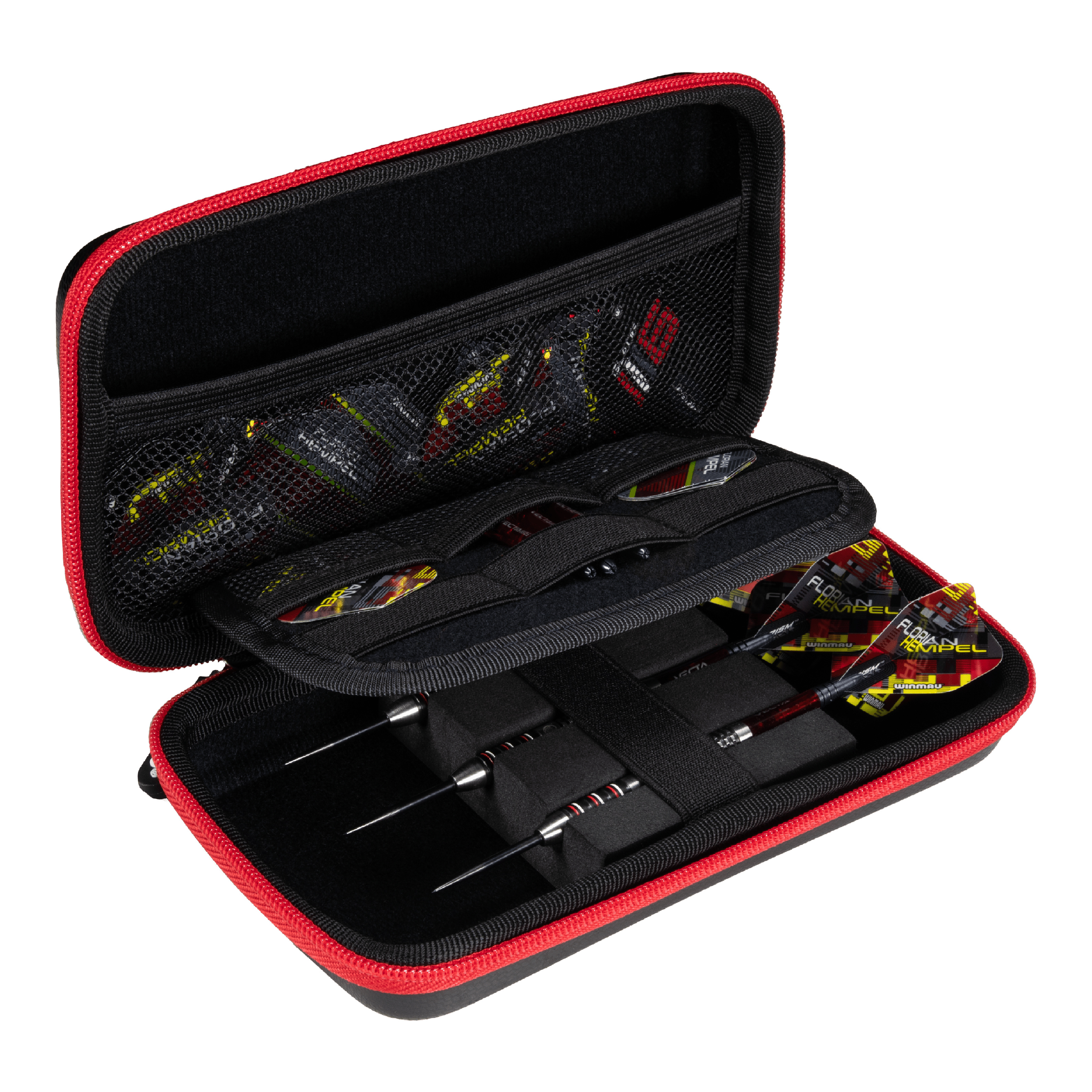 Étui à fléchettes Winmau Florian Hempel Tour Edition Das Bild zeigt das Winmau Florian Hempel Tour Edition Dartcase, das geöffnet und mit Darts sowie Zubehör bestückt ist. Die Darttasche hat einen schwarzen Innenraum mit Netzfächern und wird von einem roten Reißverschluss umrandet.