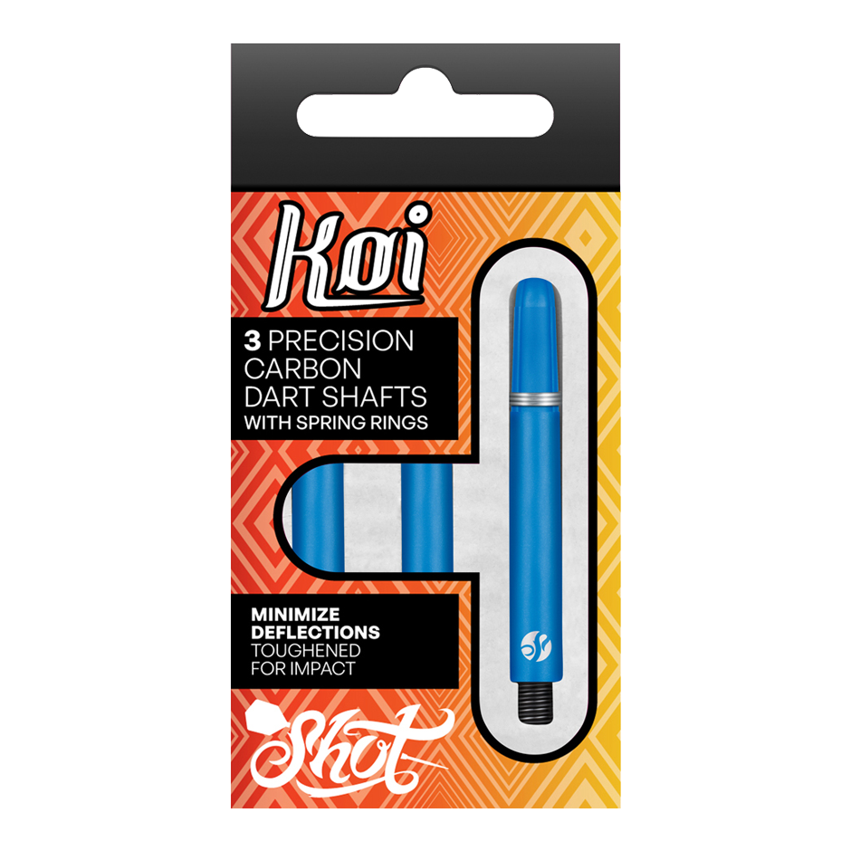 Tiges en carbone Shot Koi - Bleues Die Abbildung zeigt eine Verpackung mit drei blauen Carbon-Dartschäften der Marke Koi. Auf der Packung steht, dass die Schäfte Präzision bieten, mit Sprengringen ausgestattet sind und Abweichungen minimieren.