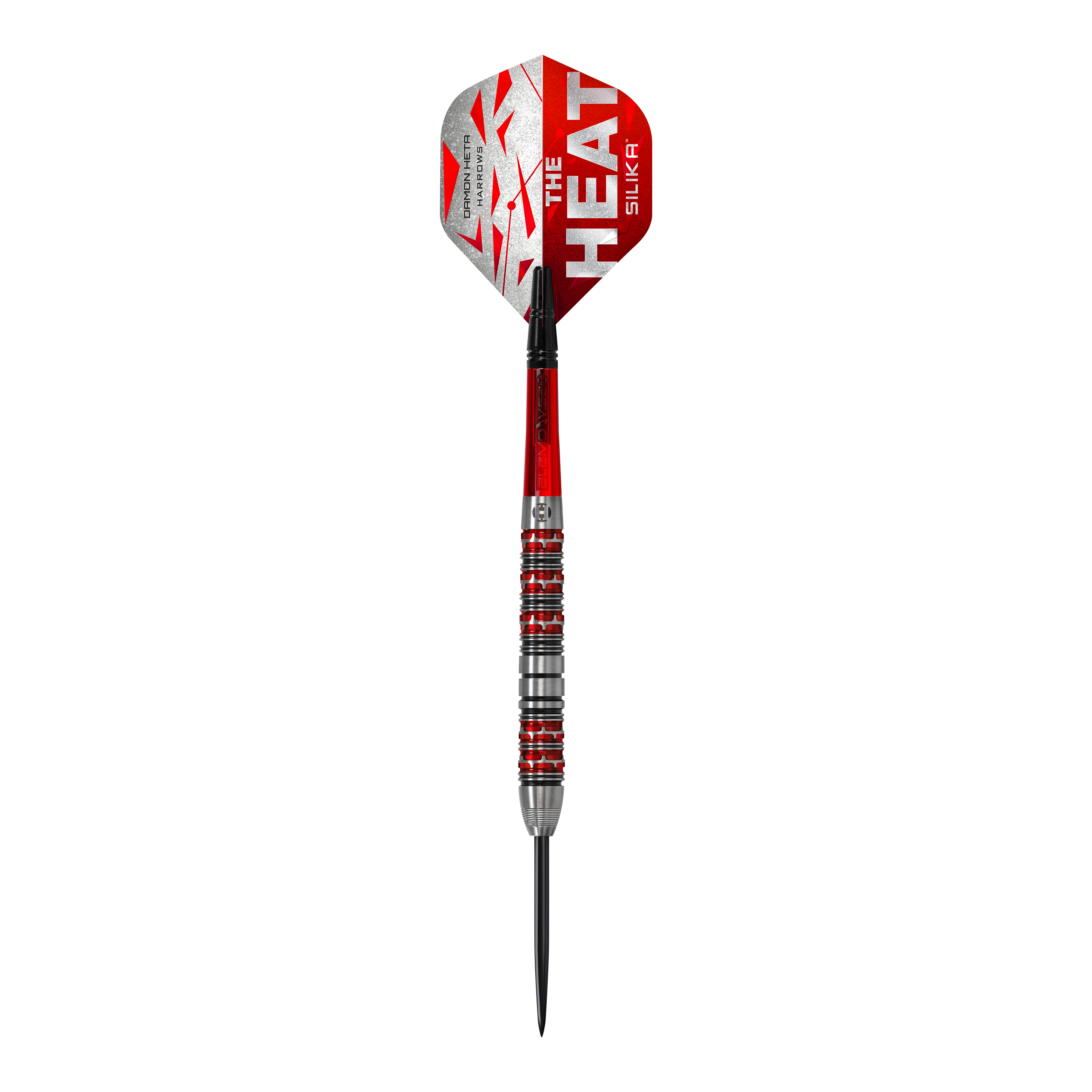 Fléchettes en acier Damon Heta Series 3 de Harrow Das Bild zeigt einen Steeldart der Marke "Harrows Damon Heta Series 3". Der Dart hat rote und silberne Akzente sowie die Aufschrift „THE HEAT“ auf dem Flight.