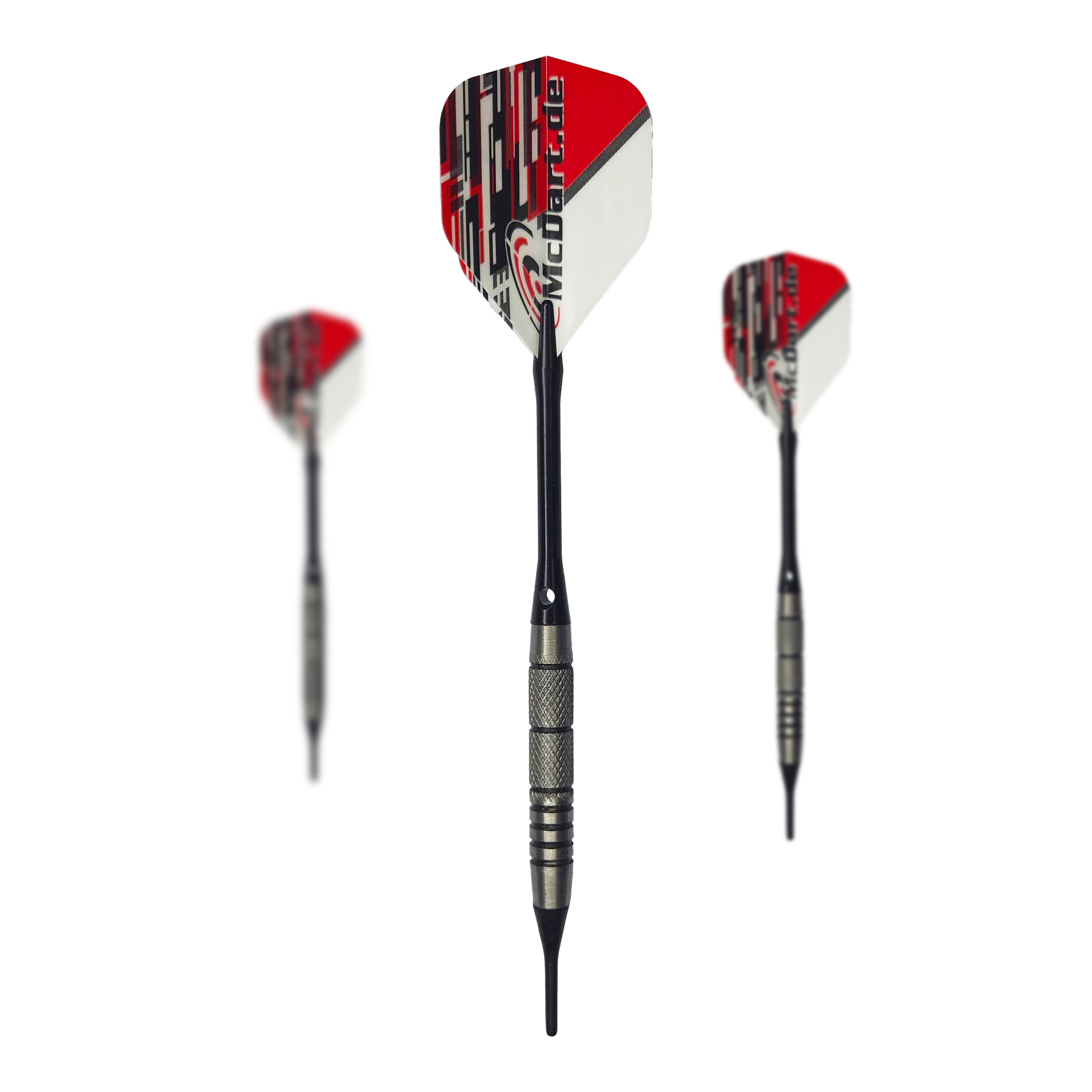 Fléchettes souples McDart 85 Tungstène V9 - 17,5 g Das Bild zeigt drei McDart 85er Tungsten V9 Softdarts mit einem Gewicht von 17,5g. Die Darts haben silberne Barrels und rot-weiße Flights mit dem Aufdruck "McDart.de".
