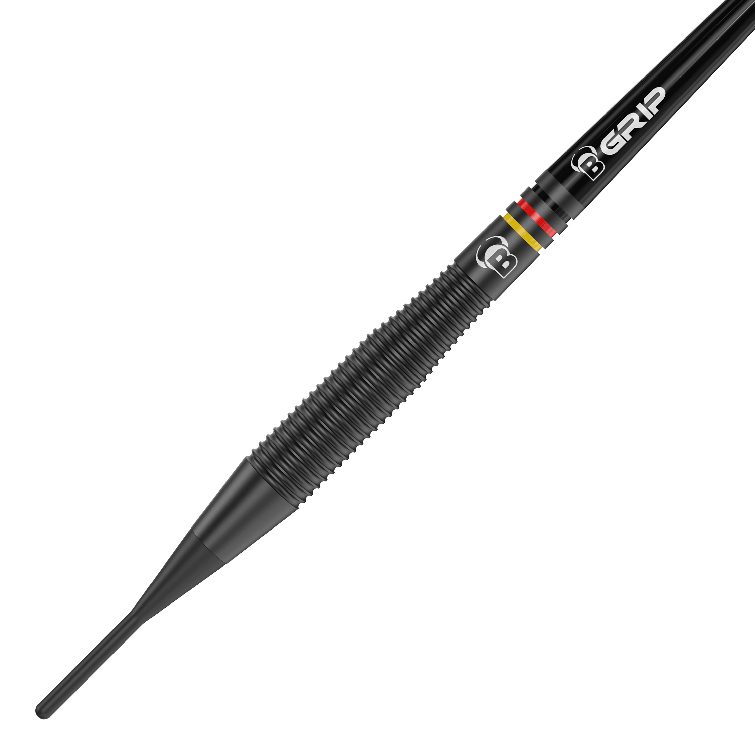 Fléchettes en laiton noir Bulls Martin Schindler The Wall - 18 g Das Bild zeigt einen schwarzen Softdart mit auffälligen Rillen für besseren Halt. Auf dem Dart sind außerdem farbige Ringe und die Aufschrift "B GRIP" zu sehen.