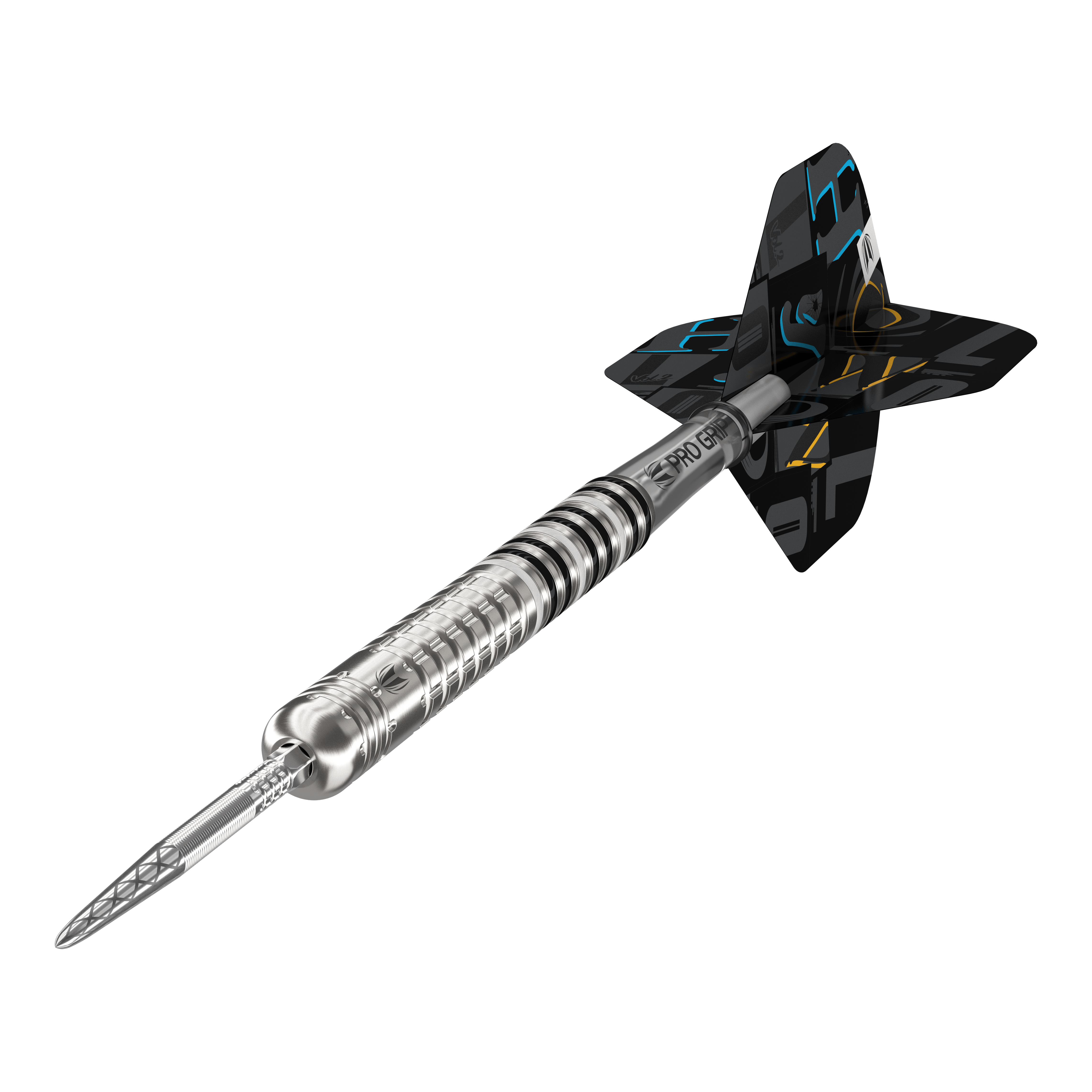 Target Chris Dobey GEN1 Swiss Point Steeldarts Das Bild zeigt den Target Chris Dobey GEN1 Swiss Point Steeldart. Der Dartpfeil hat ein silbernes, geriffeltes Barrel und schwarze Flights mit bunten Akzenten.