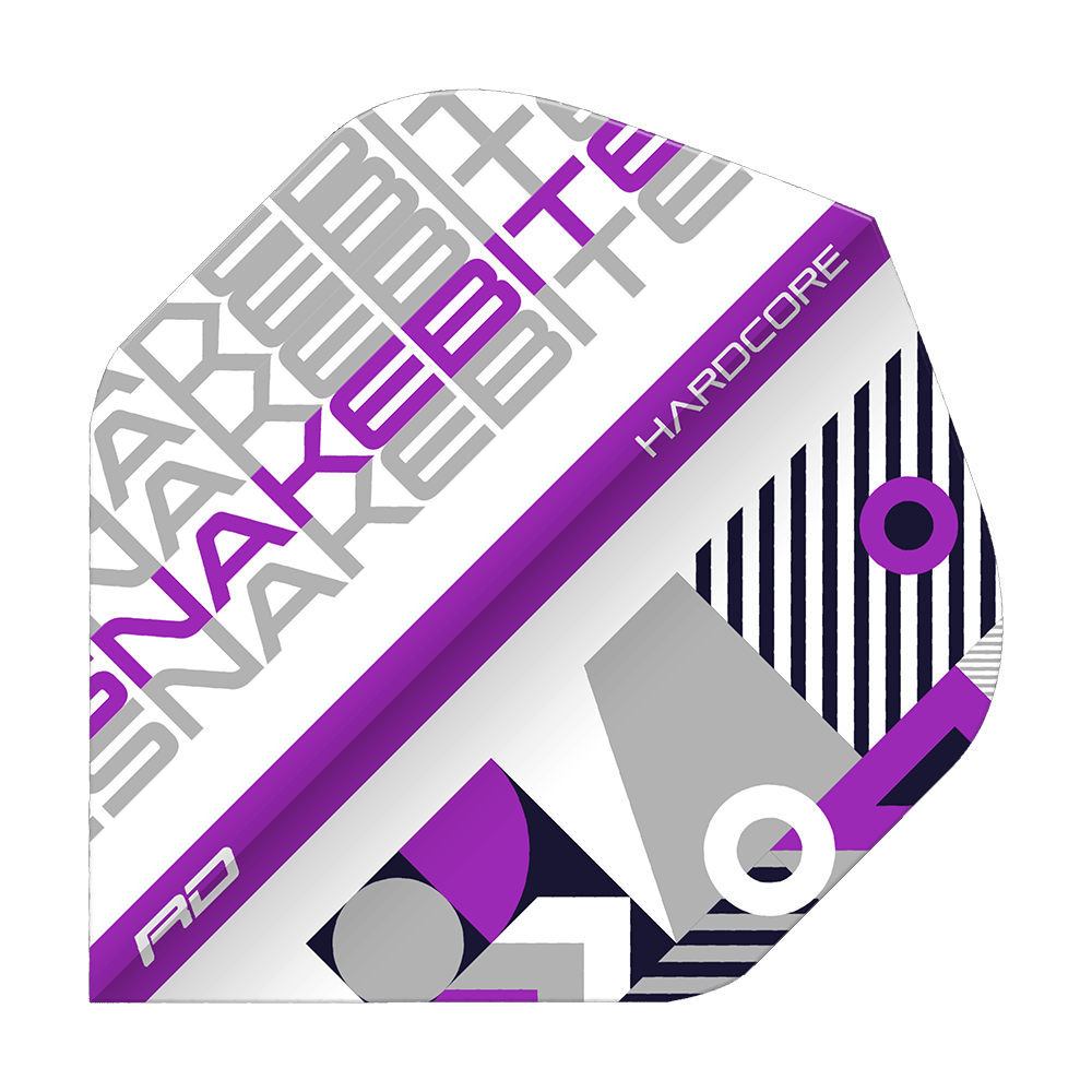 TF6661_Red_Dragon_Hardcore_Snakebite_WhitePurple_Standard_Flights_15QAeqfmUzZ5sn Das Bild zeigt ein Dart-Flight mit dem Namen "Red Dragon Hardcore Snakebite White Purple Standard Flights". Das Design besteht aus den Farben Weiß, Lila und Grau mit modernen geometrischen Mustern und Schriftzügen.