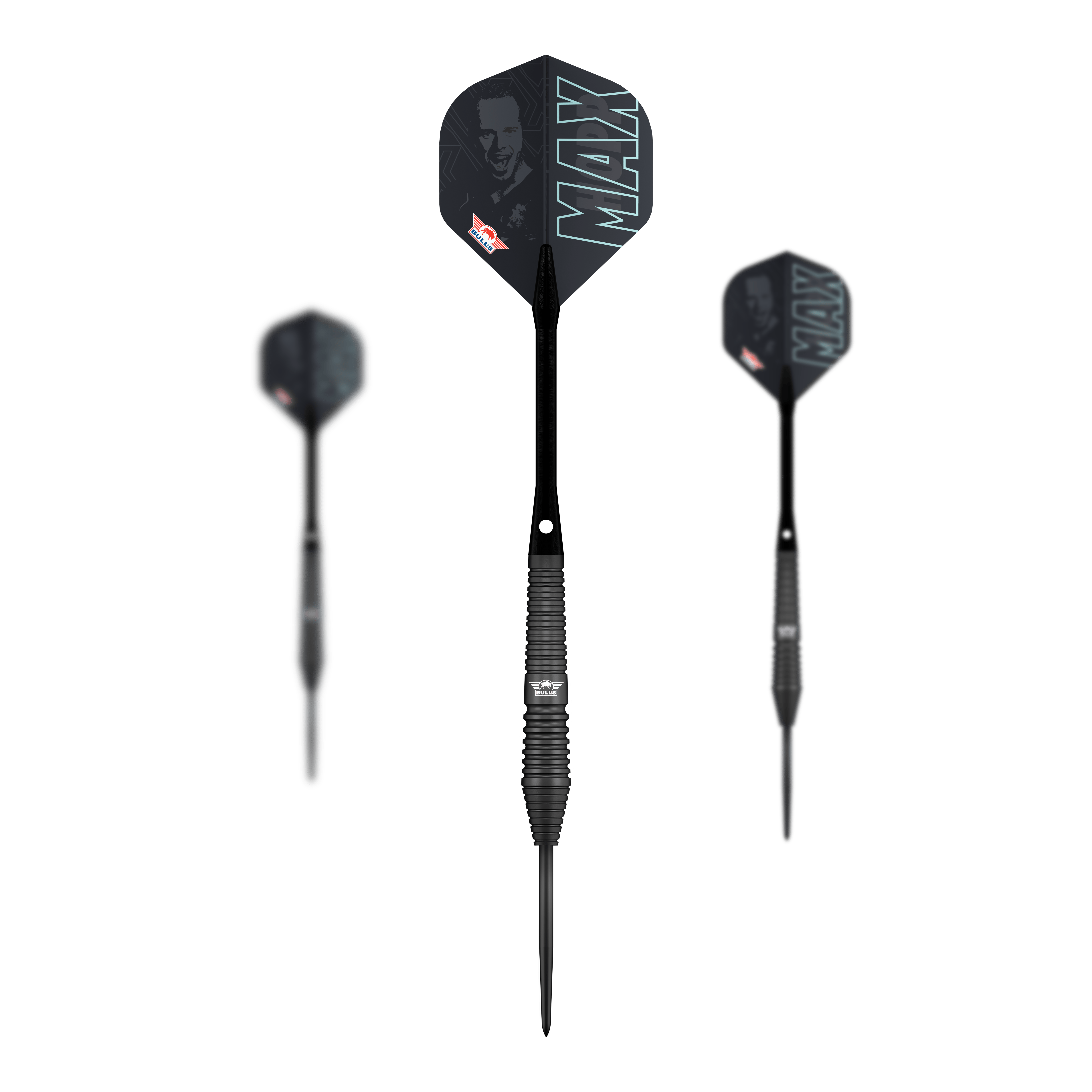 Das Bild zeigt die Bulls NL Max Hopp Black Steeldarts. Es handelt sich um ein Set von hochwertigen Steeldarts für Präzisionsspiel.