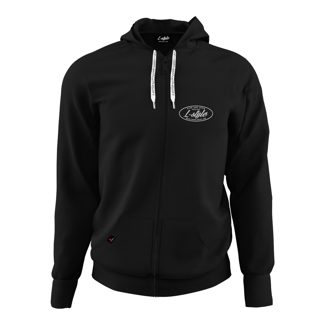 Sweat à capuche style L - Noir Das Bild zeigt einen schwarzen Hoodie mit Reißverschluss und Kapuze. Auf der Brust befindet sich ein weißes "L-Style"-Logo.
