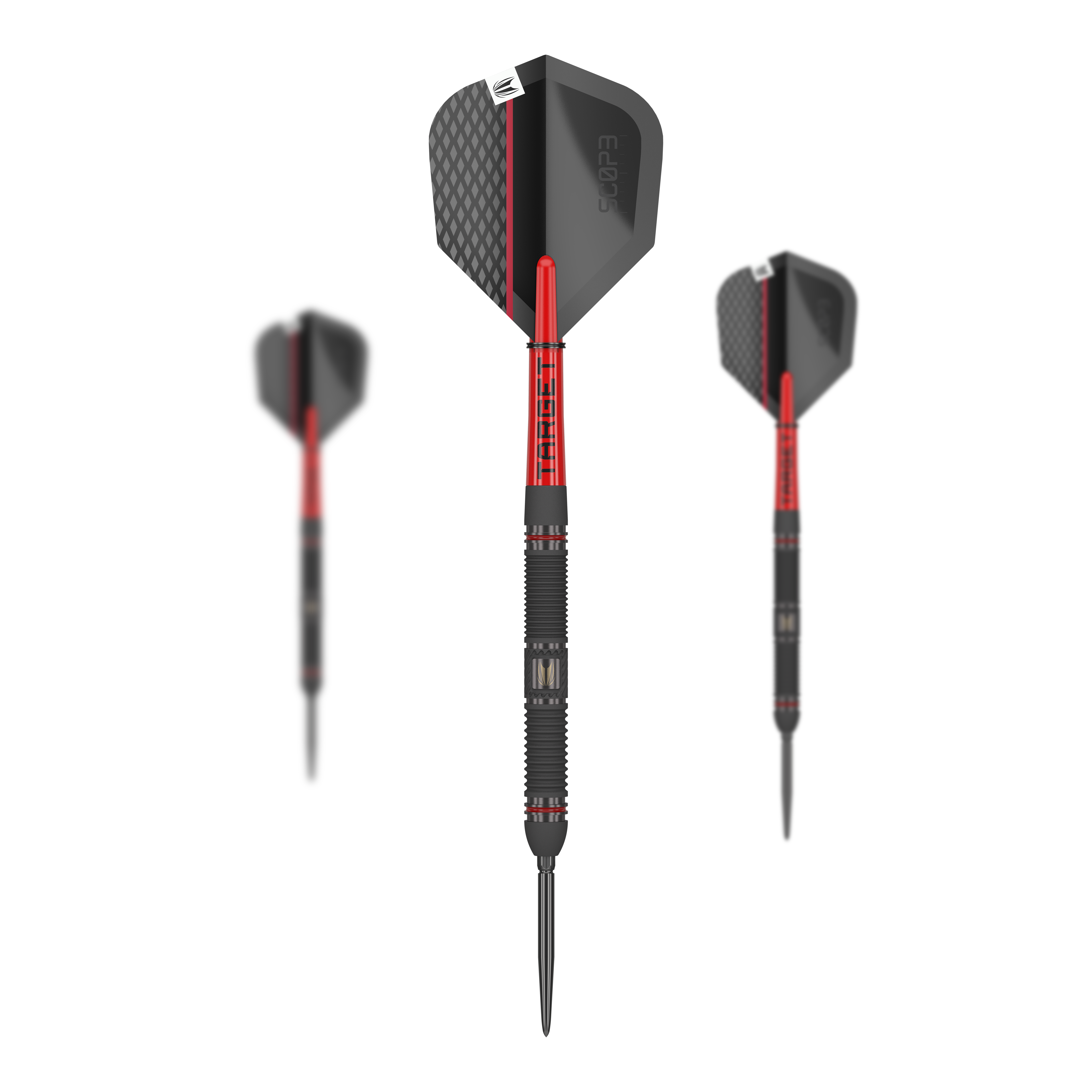 Target Scope 01 Fléchettes en acier Swiss Point Das Bild zeigt drei Steeldarts des Modells "Target Scope 01 Swiss Point". Die Darts sind überwiegend schwarz mit roten Akzenten und haben ein modernes, sportliches Design.