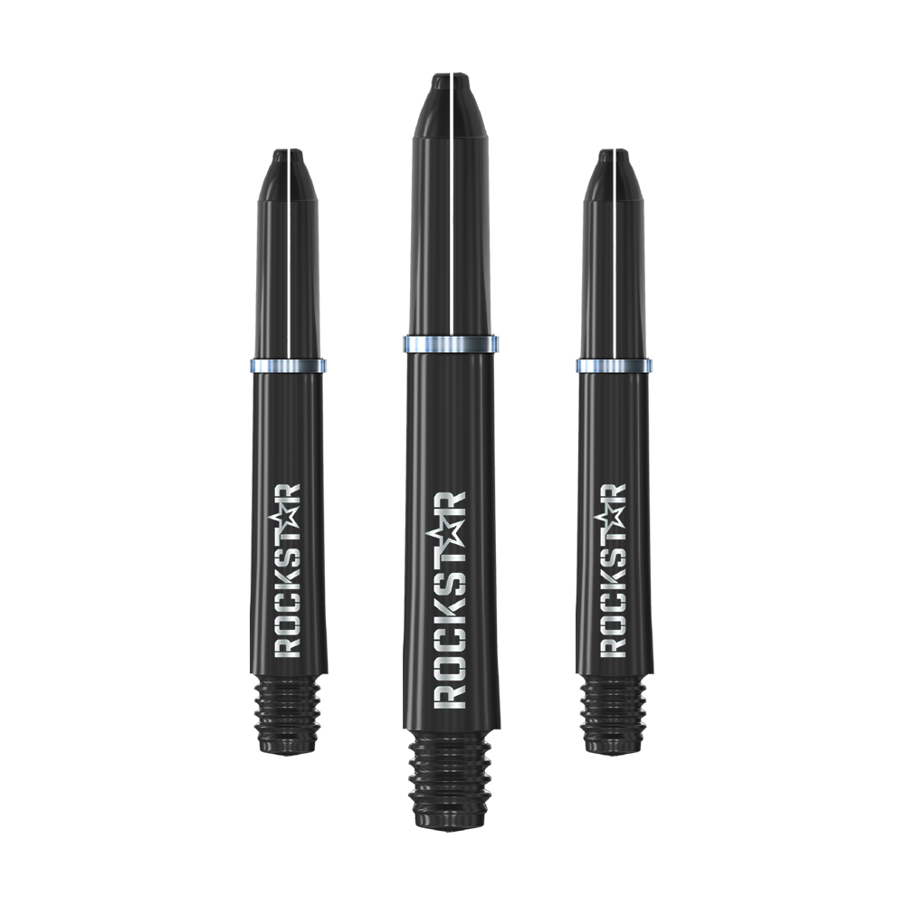 Manche en nylon Winmau Joe Cullen Rockstar Noir Das Bild zeigt drei schwarze Dartschäfte mit der Aufschrift "ROCKSTAR". Sie sind jeweils mit einem silbernen Metallring versehen.