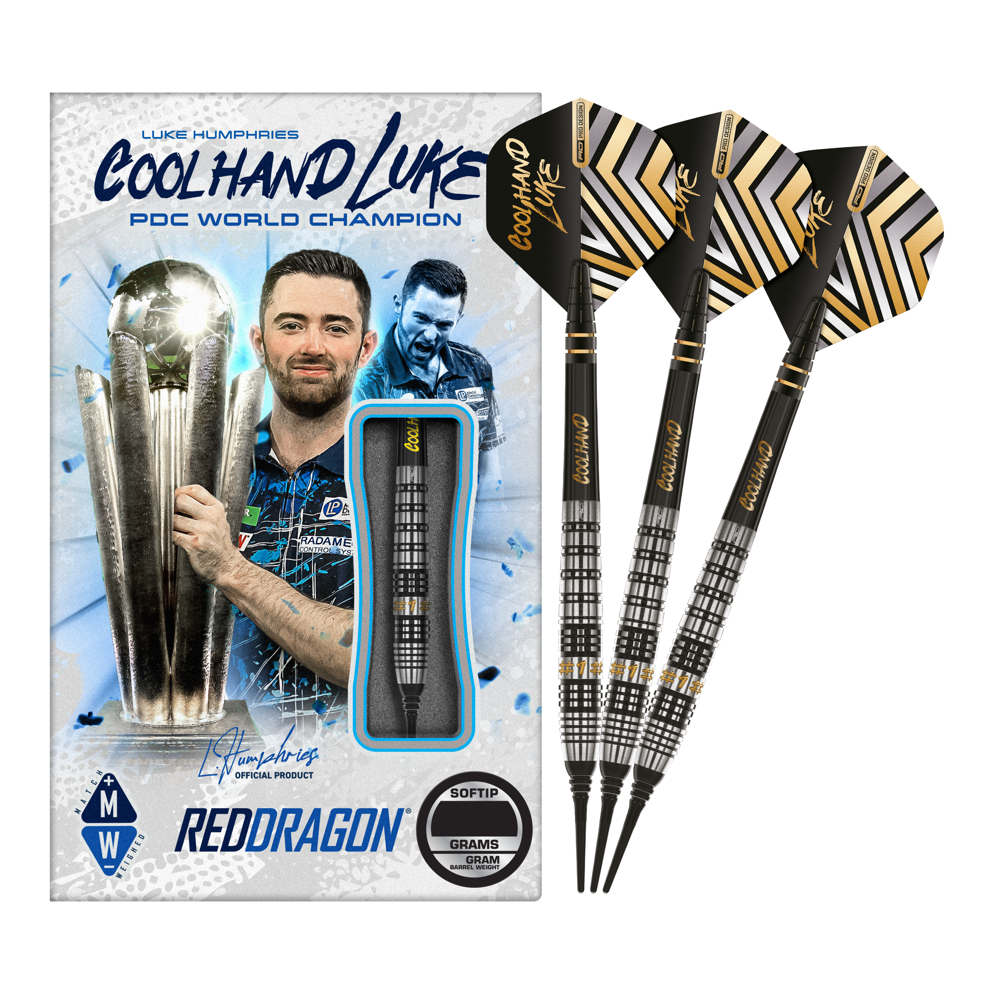 Fléchettes souples Red Dragon Luke Humphries Prestige - 20 g Auf dem Bild sind die Red Dragon Luke Humphries Prestige Softdarts mit 20g Gewicht zu sehen. Die Verpackung zeigt ein Bild von Luke Humphries und die Darts sind schwarz mit silbernen und goldenen Details.