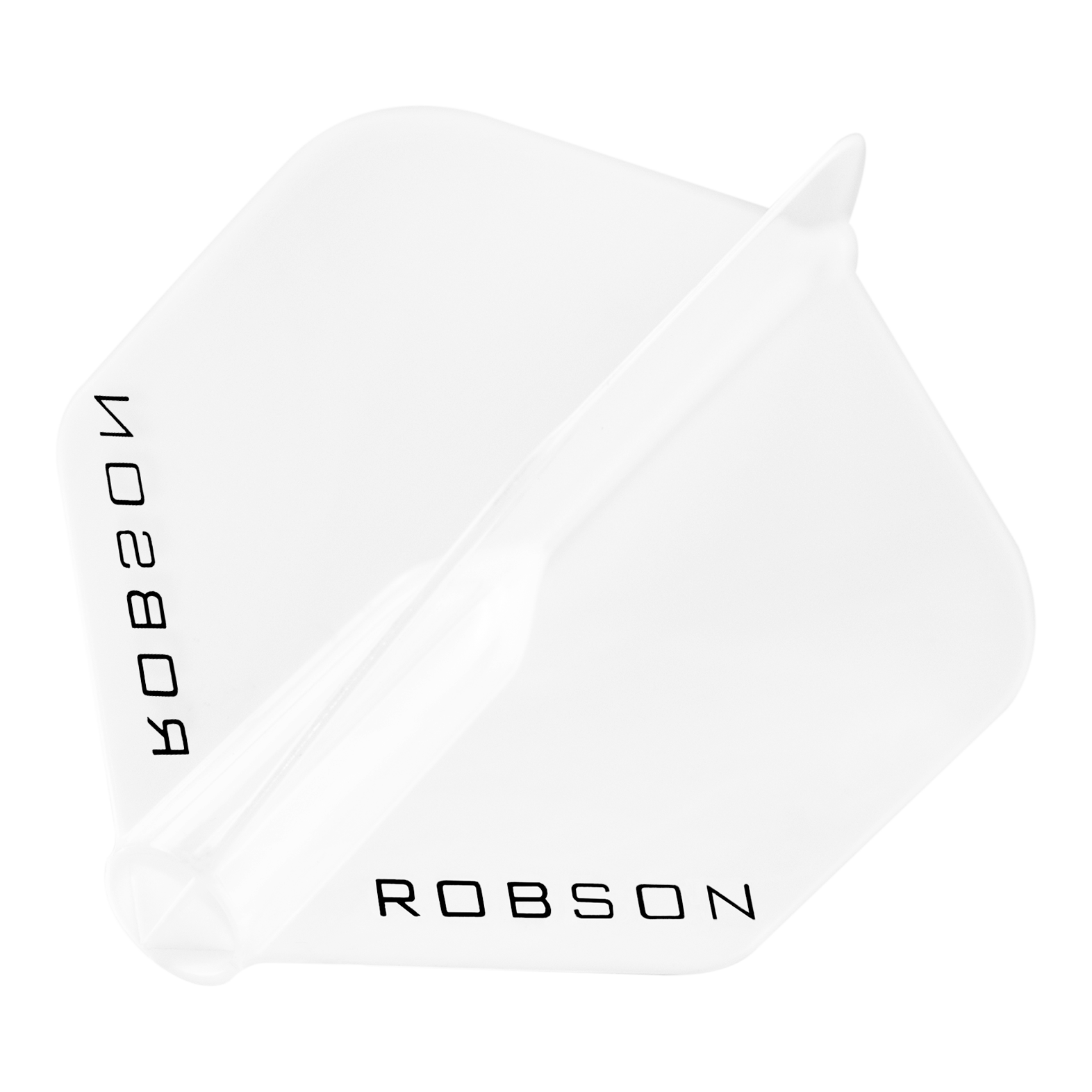 Vols Robson Plus - Standard Das Bild zeigt einen klaren Dart-Flügel mit der Aufschrift "ROBSON". Der Flügel hat eine standardmäßige, sechseckige Form.