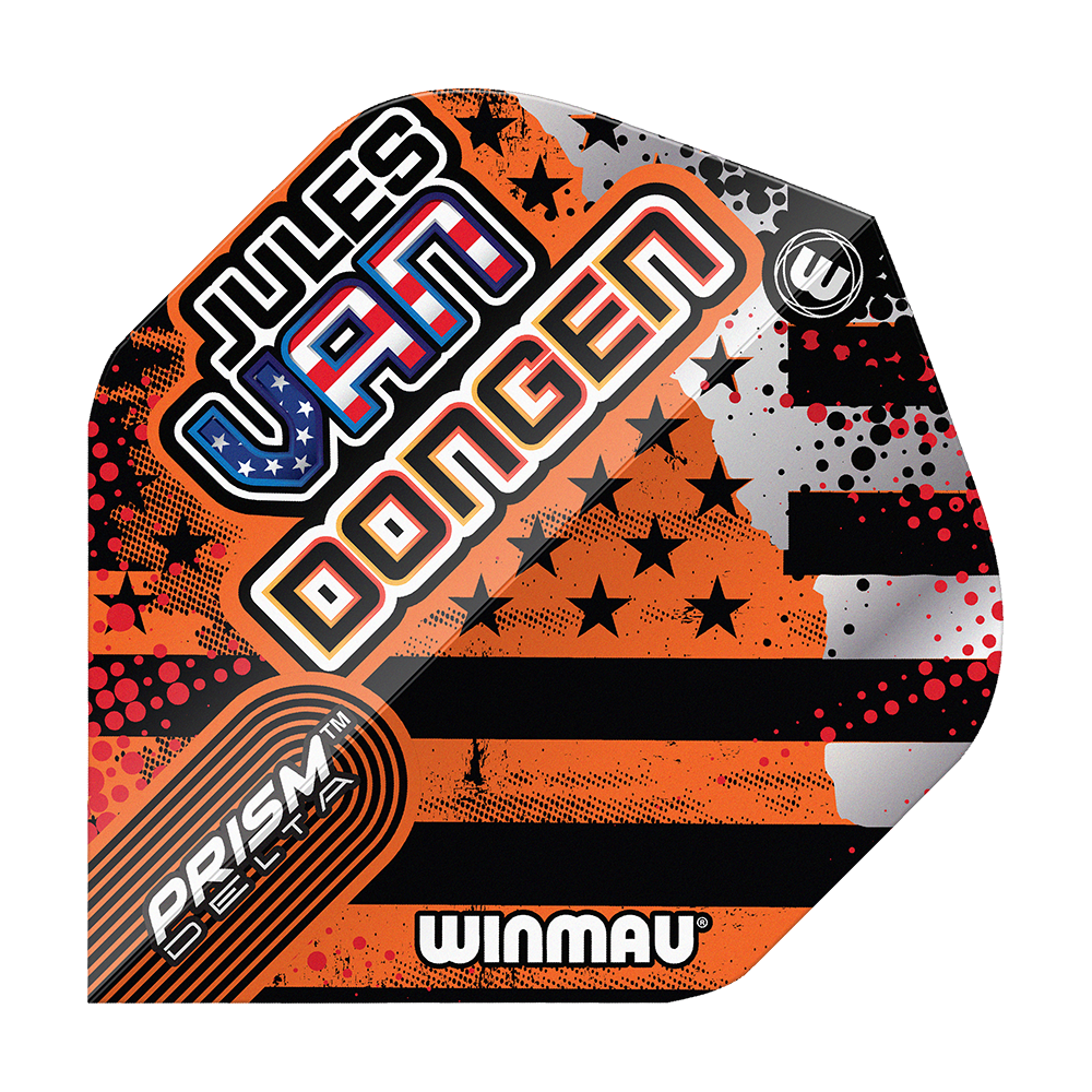 Vols standard Winmau Prism Delta Jules Van Dongen Das Bild zeigt ein Winmau Prism Delta Dart-Flight mit dem Namen "Jules Van Dongen". Das Flight-Design enthält auffällige Farben, Sterne und Streifen sowie den Schriftzug "Winmau".