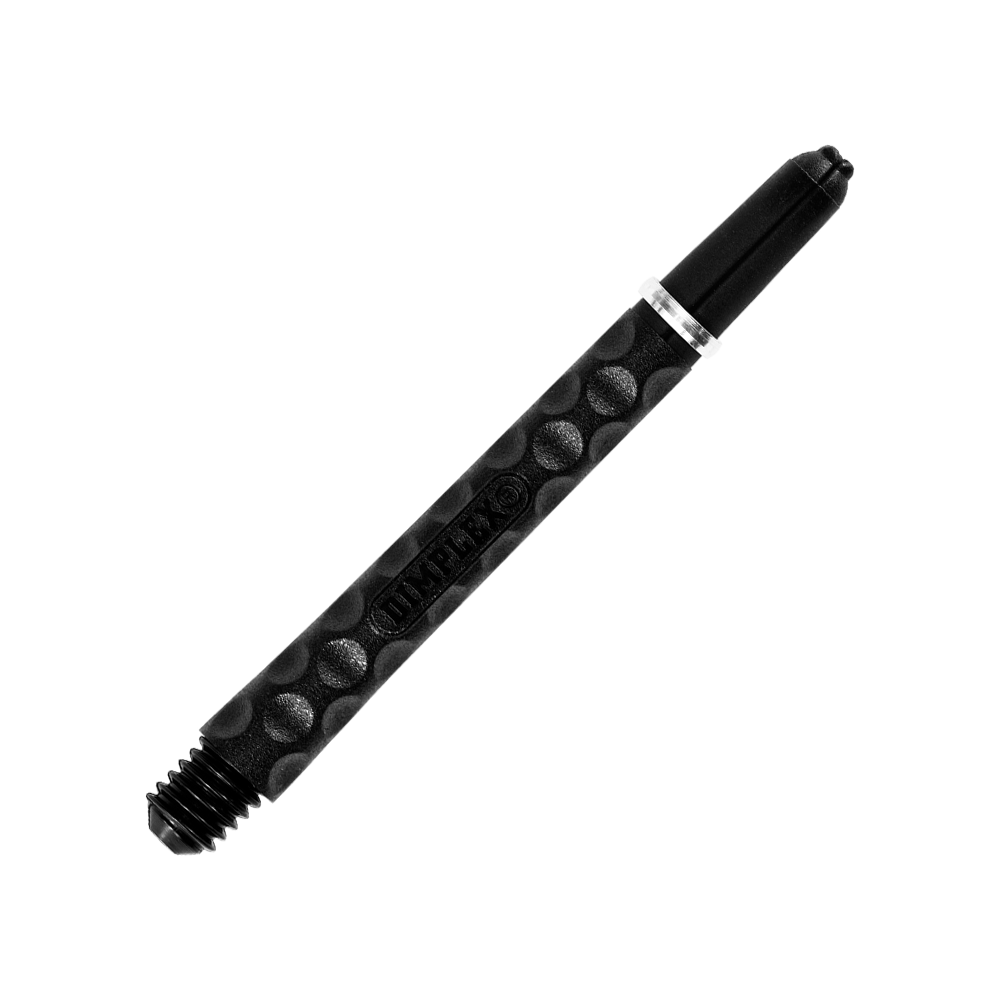 HR322_Harrows_Dimplex_Shafts_Schwarz_48mm_2 Das Bild zeigt einen schwarzen Dartshaft mit Noppenstruktur. Auf dem Schaft steht das Wort "Dimplex" eingeprägt.