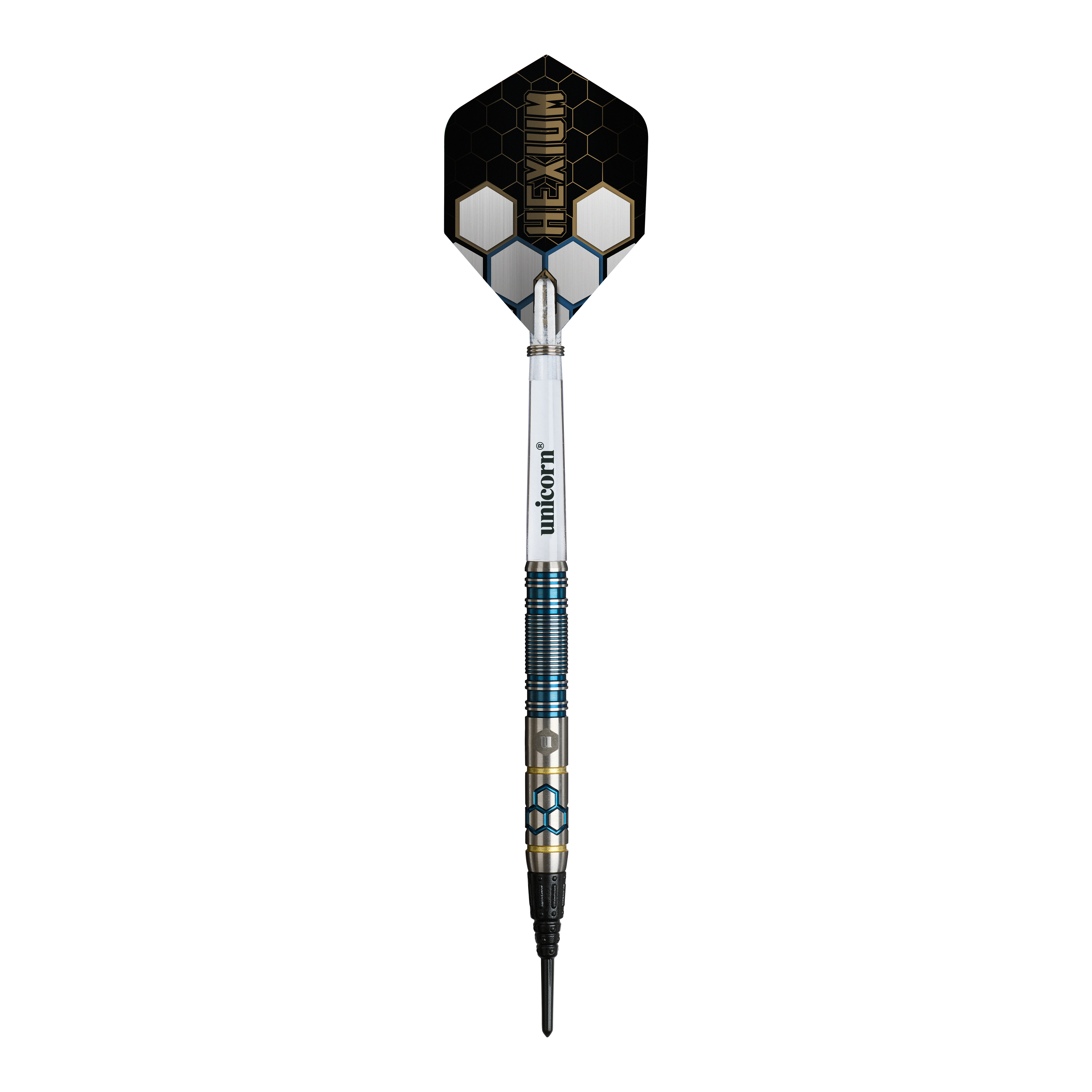 Fléchettes souples Unicorn Hexium Style 02 bleues et dorées - 21 g Hier sieht man die Unicorn Hexium Style 02 Blue & Gold Softdarts - 21g. Die Darts sind in Blau und Gold gehalten.