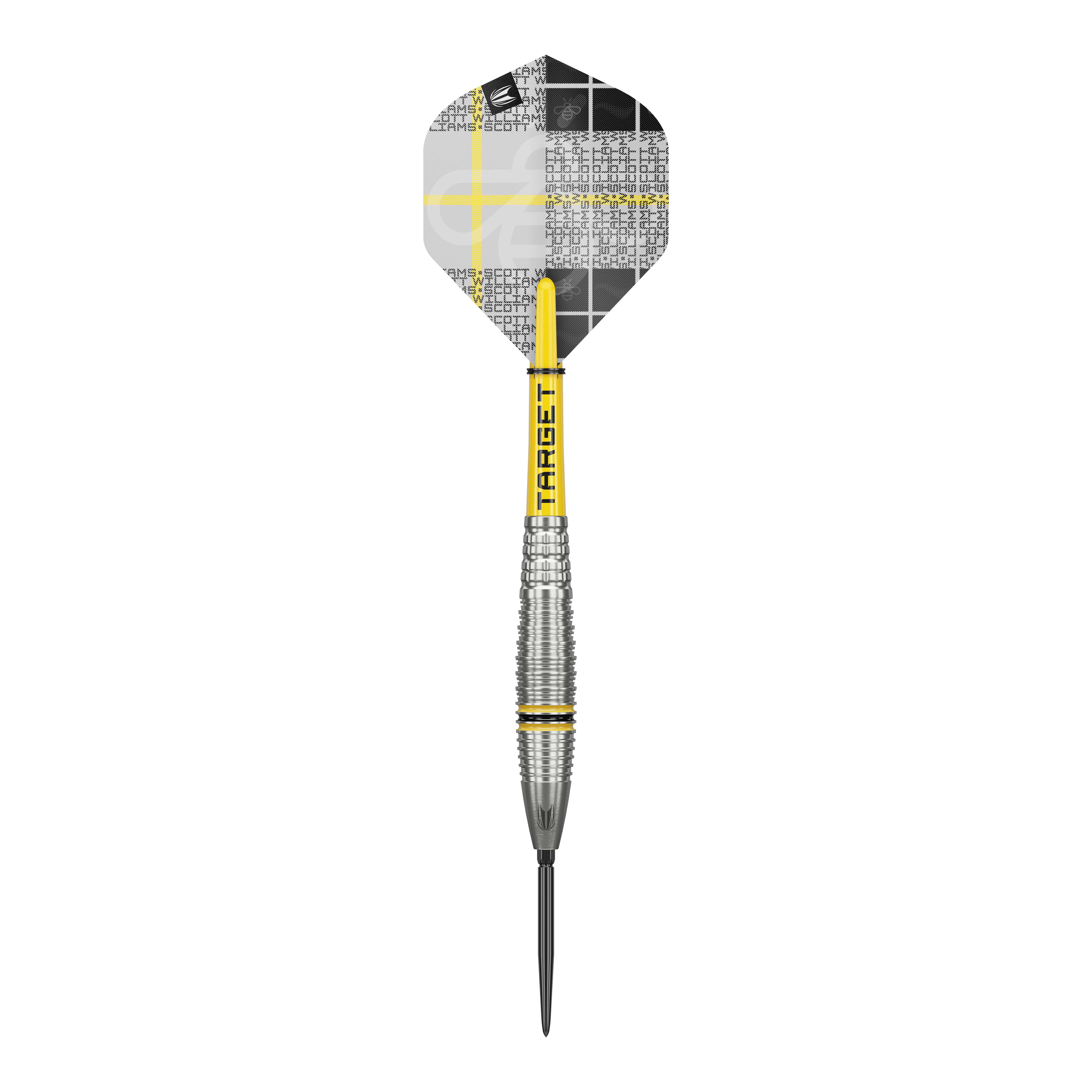 Fléchettes en acier Target Scott Williams GEN2 Swiss Point Dieses Bild zeigt einen Target Scott Williams GEN2 Swiss Point Steeldart. Der Dartpfeil hat ein silbernes Griffstück mit gelben Akzenten und ein individuell gestaltetes Flight-Design.