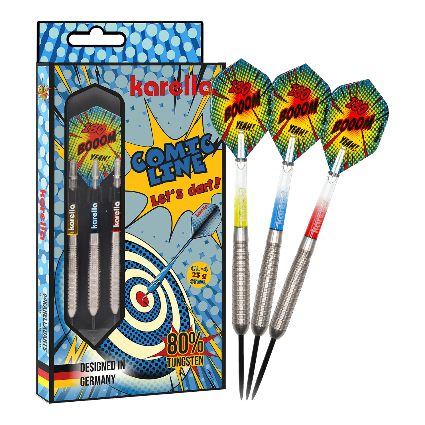 Fléchettes en acier Karella Comic Line CL-4 - 23 g Das Bild präsentiert die Karella Comic Line CL-4 Steeldarts mit einem Gewicht von 23g. Diese Darts sind robust und für ambitionierte Spieler konzipiert.