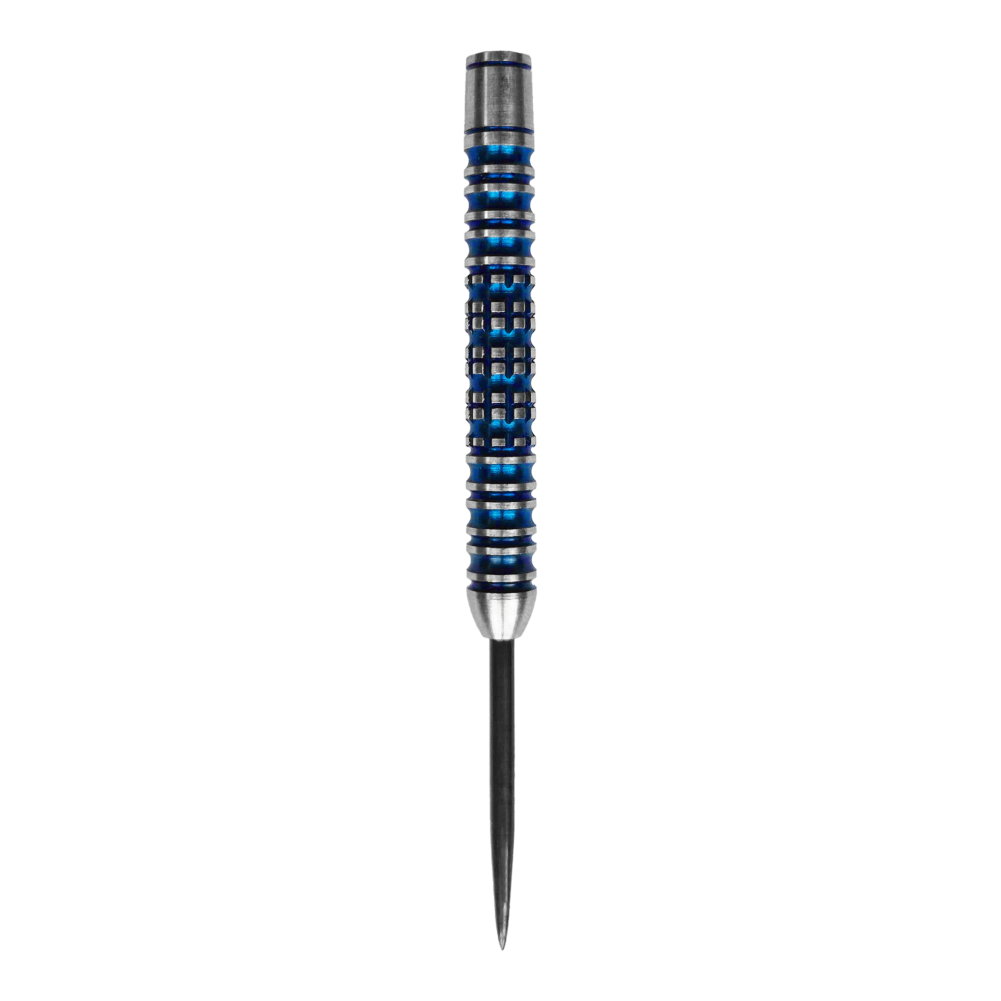 Das Bild zeigt ein McDart Ocean Steeldart Barrel mit einem Gewicht von 23g. Der Barrel hat ein silber-blaues Design mit Rillen und einem spitzen Ende.