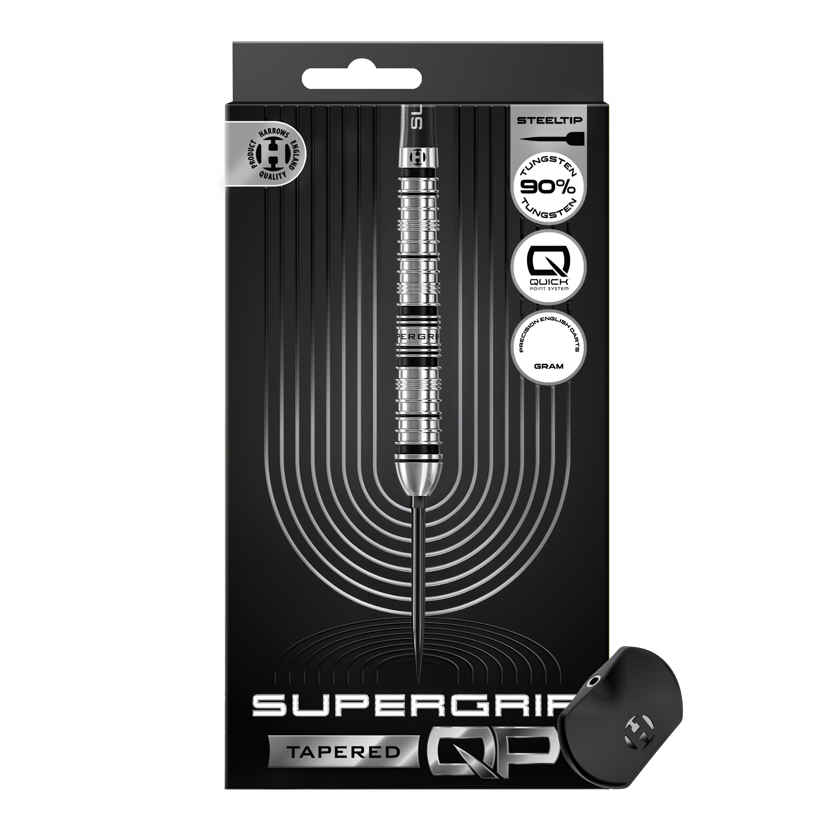 Zu sehen sind die Harrows Supergrip QP Tapered Quick Point Steeldarts. Die Darts bieten ein modernes Design und optimale Spieleigenschaften.