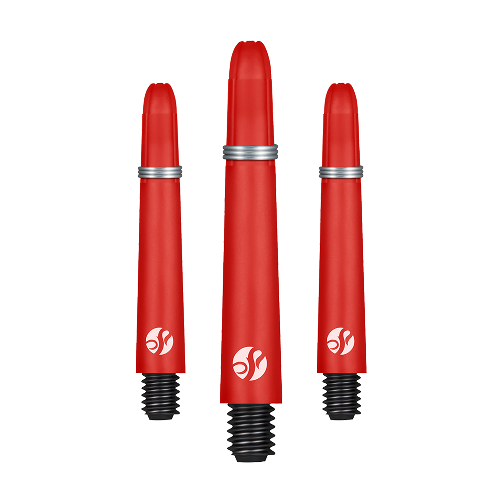 Auf dem Bild sind drei rote Dartschäfte in unterschiedlichen Längen zu sehen. Sie haben silberne Ringe und ein weißes Logo am unteren Ende.