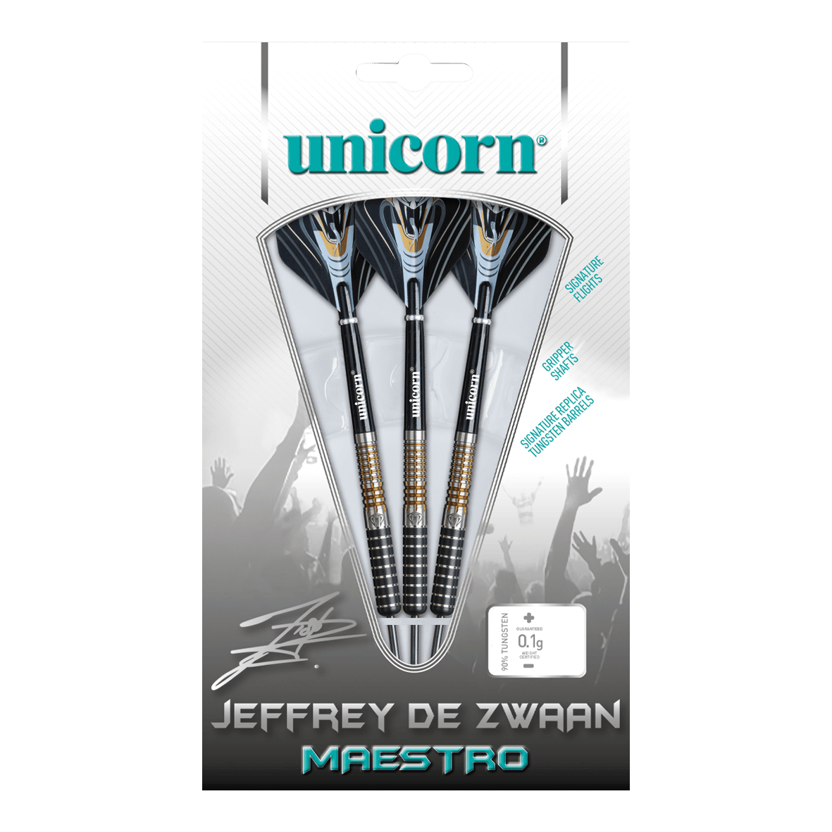 Fléchettes en acier Unicorn Maestro Jeffrey De Zwaan Phase 3 Das Bild zeigt eine Verpackung mit drei Steeldarts der Marke Unicorn, Modell „Jeffrey De Zwaan Maestro“. Die Darts sind in einer transparenten Blisterverpackung sichtbar und auf der Verpackung steht der Name des Produkts.