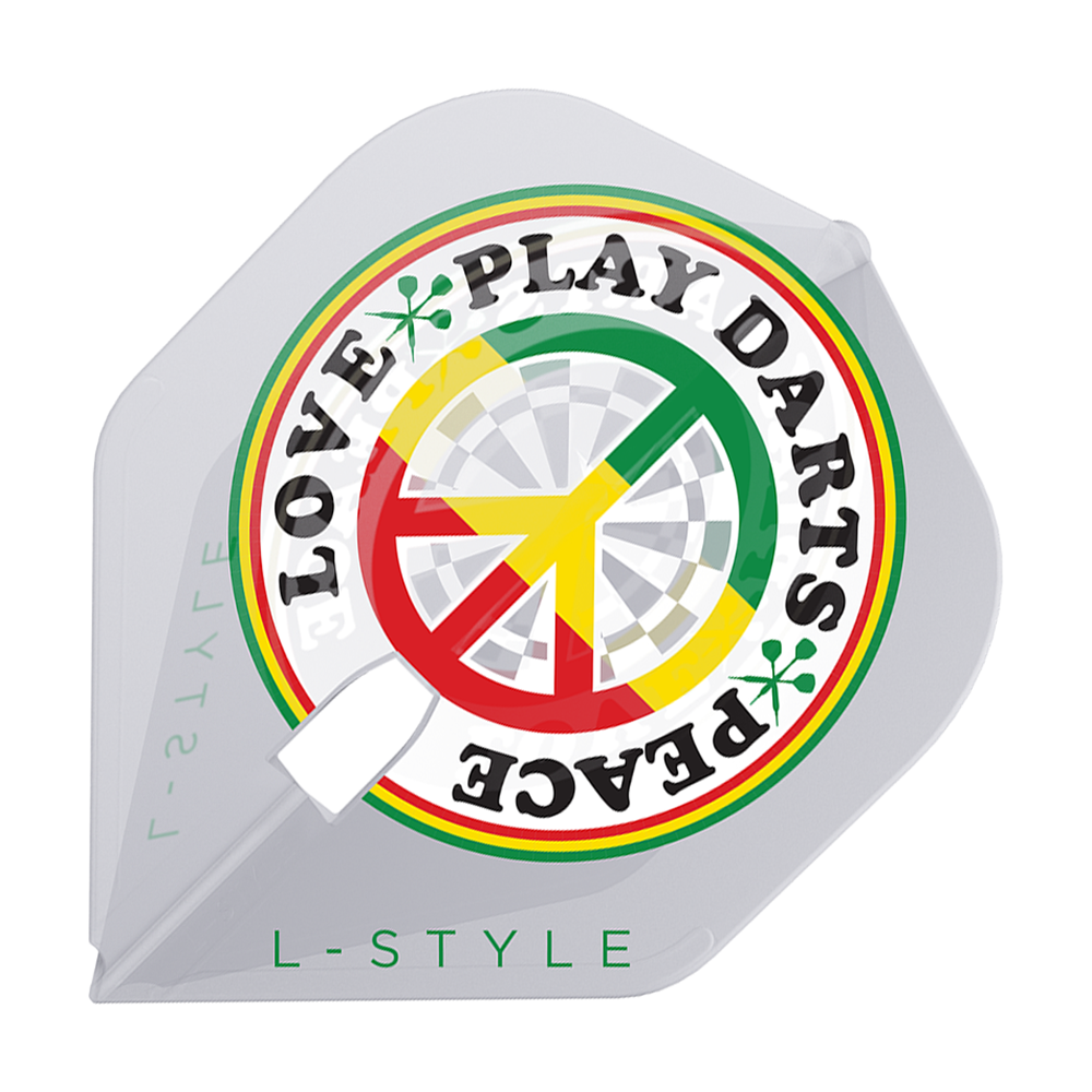 Volants L-Style Deta Hedman V4 Clear White L1PRO Das Bild zeigt einen weißen Dartflight mit einem farbenfrohen Kreisdesign und der Aufschrift "LOVE PEACE PLAY DARTS". Unten steht in grüner Schrift "L-STYLE".