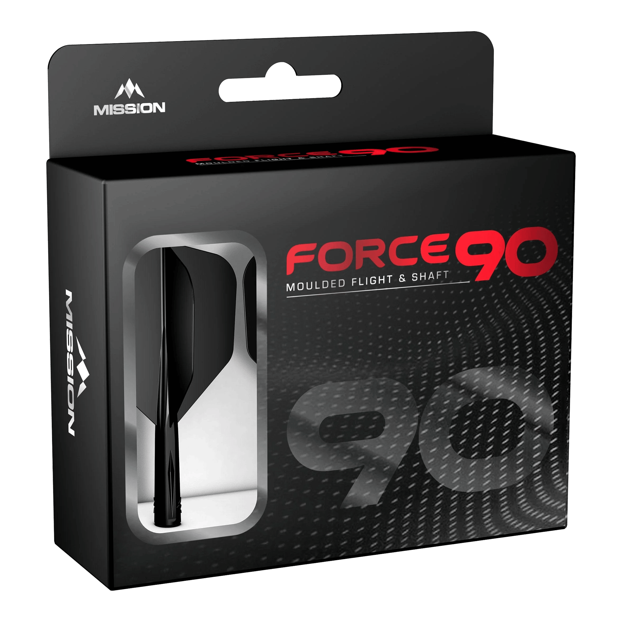 Système d'arbre de transMission Mission Force 90 n° 6 - Noir Die Abbildung zeigt die Verpackung des Produkts "Mission Force 90 No6 Flight-Shaft-System - Schwarz". In der Box befindet sich ein schwarzes Flight- und Shaft-System für Darts.