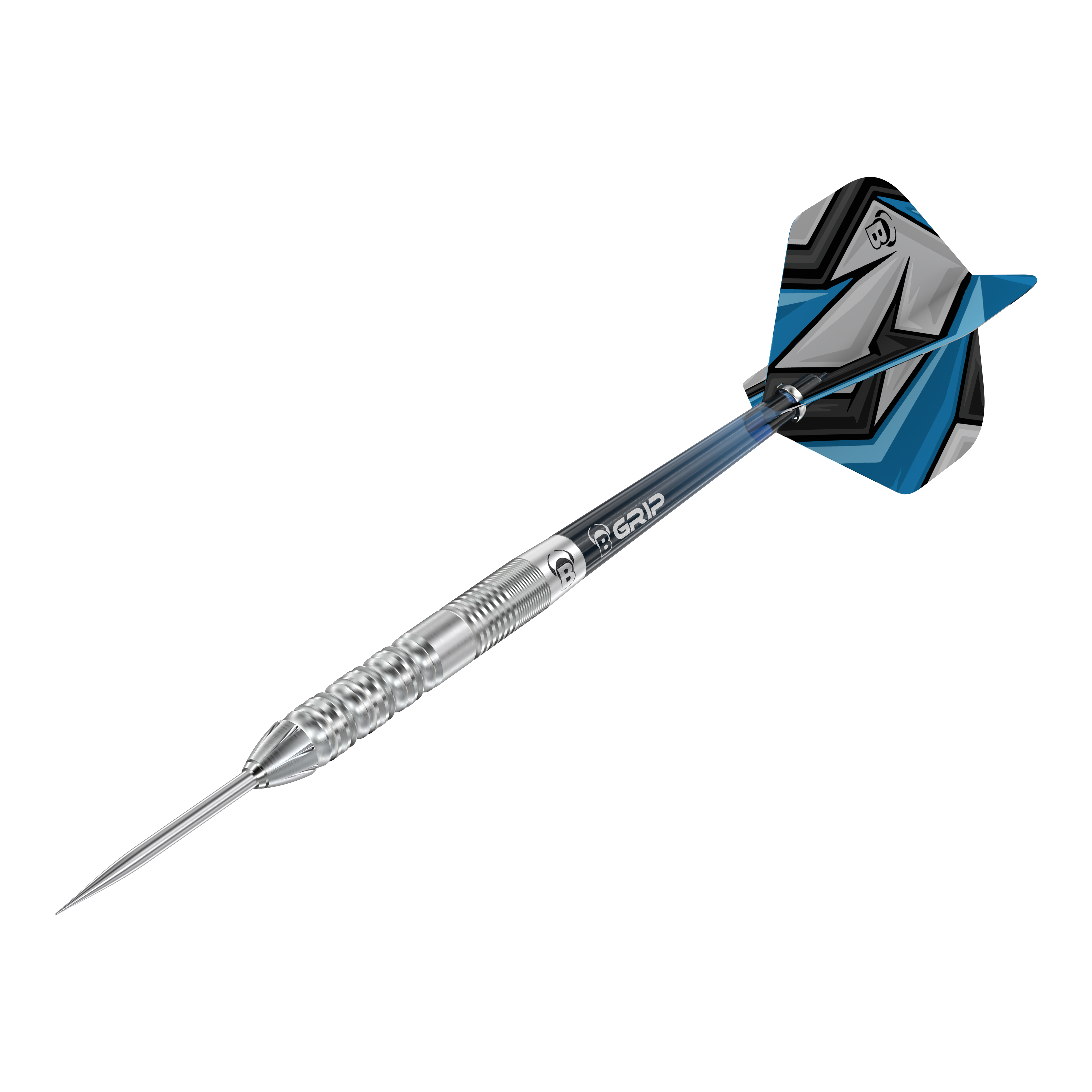 Fléchettes en acier Bulls Stone S2 Das Bild zeigt einen Bulls Stone S2 Steeldartpfeil mit silberner Spitze und Riffelung für besseren Halt. Das Flight-Design ist in Blau, Schwarz und Grau gehalten.