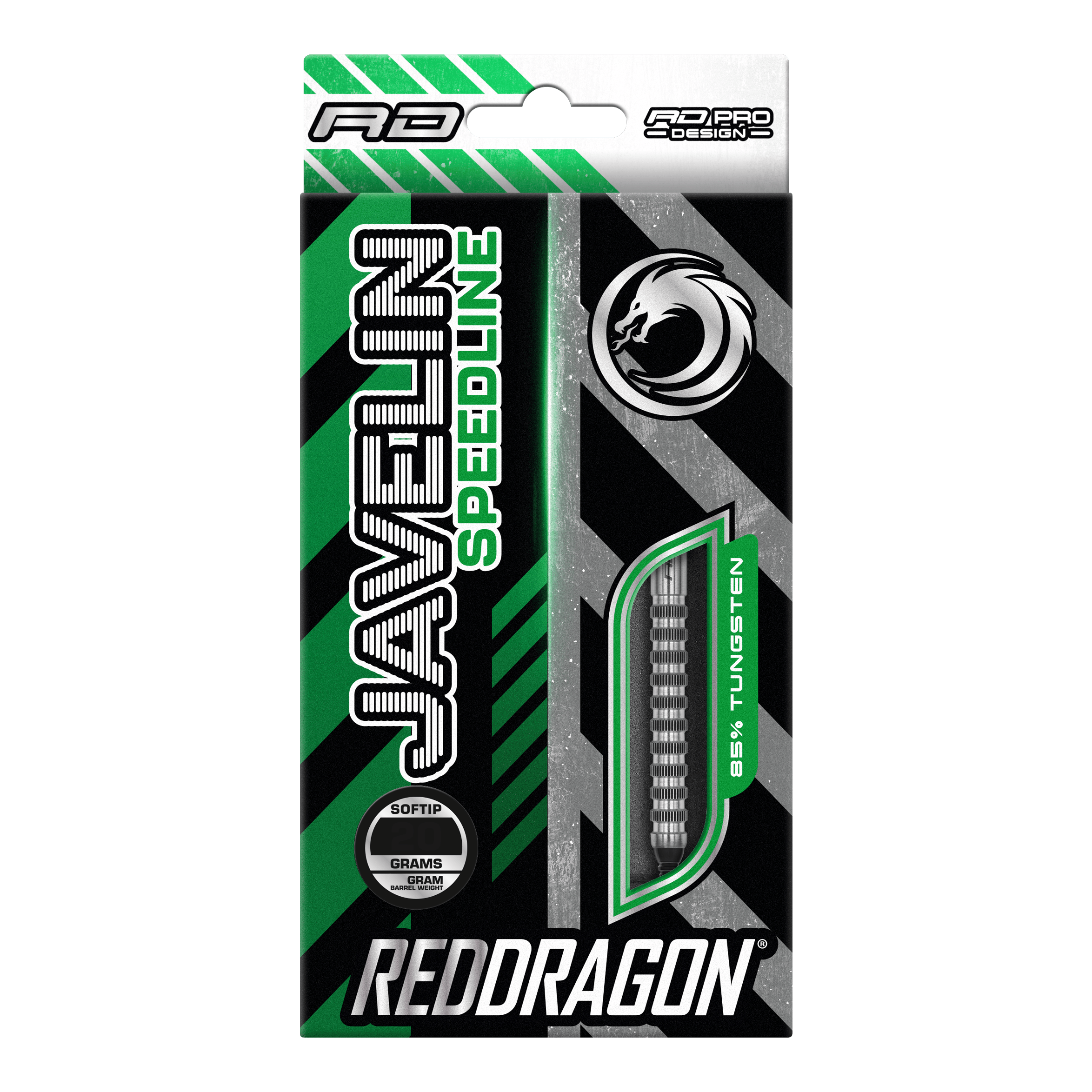 Fléchettes souples Red Dragon Javelin Speedline - 20 g Die Verpackung zeigt die "Red Dragon Javelin Speedline Softdarts" mit 20 Gramm Gewicht. Das Design ist grün, schwarz und silbern und hebt 85% Tungsten hervor.