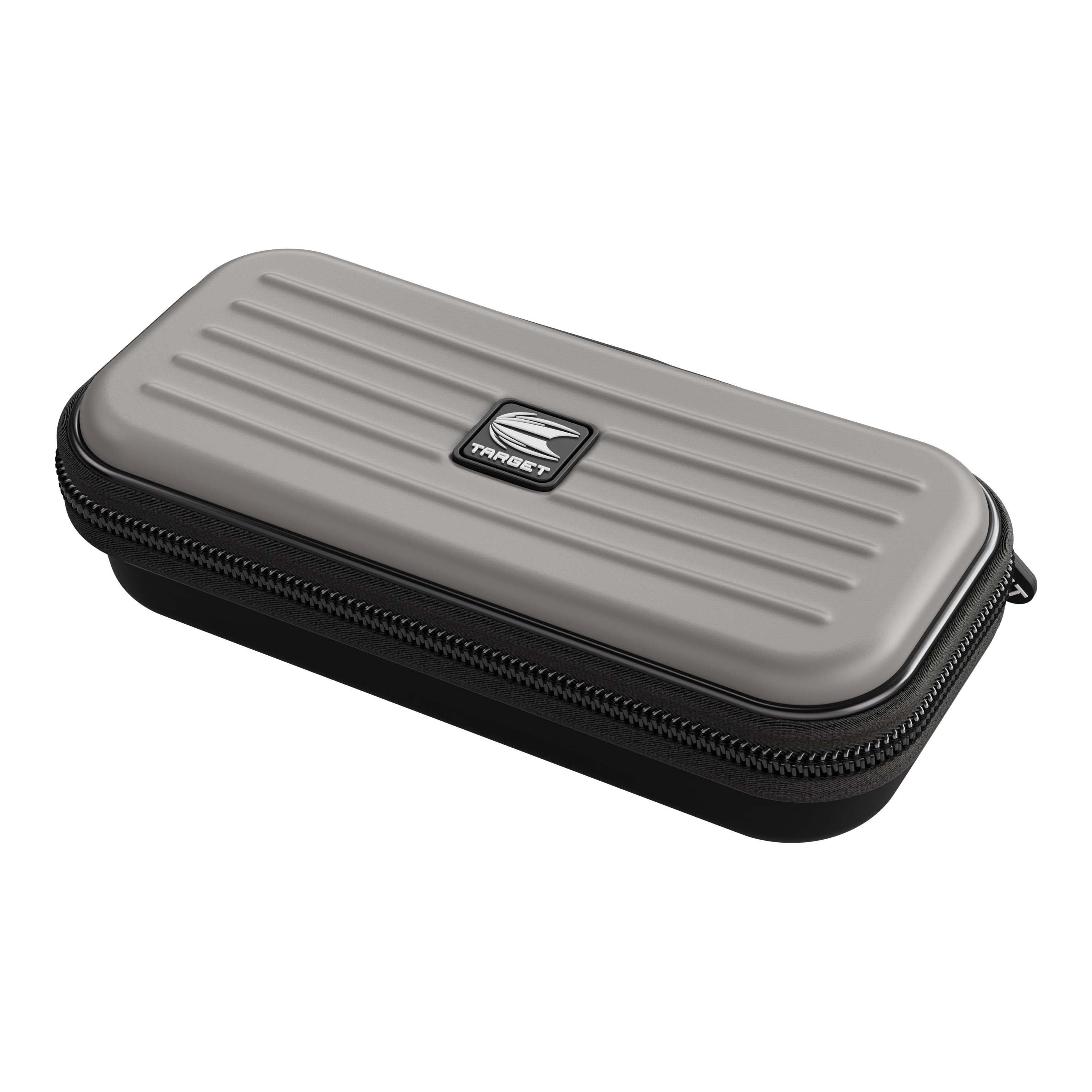 Target Takoma Dartwallet Das Bild zeigt ein rechteckiges, grau-schwarzes Etui mit Reißverschluss. Auf der Oberseite befindet sich ein Logo mit der Aufschrift "TARGET".