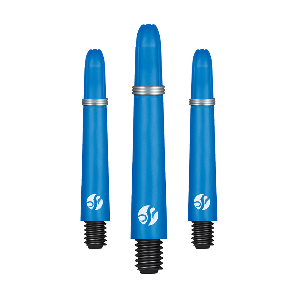 Tiges en carbone Shot Koi - Bleues Auf dem Bild sind drei blaue Dartschäfte in unterschiedlicher Länge zu sehen. Sie bestehen aus Carbon und haben schwarze Gewinde sowie silberne Ringe.