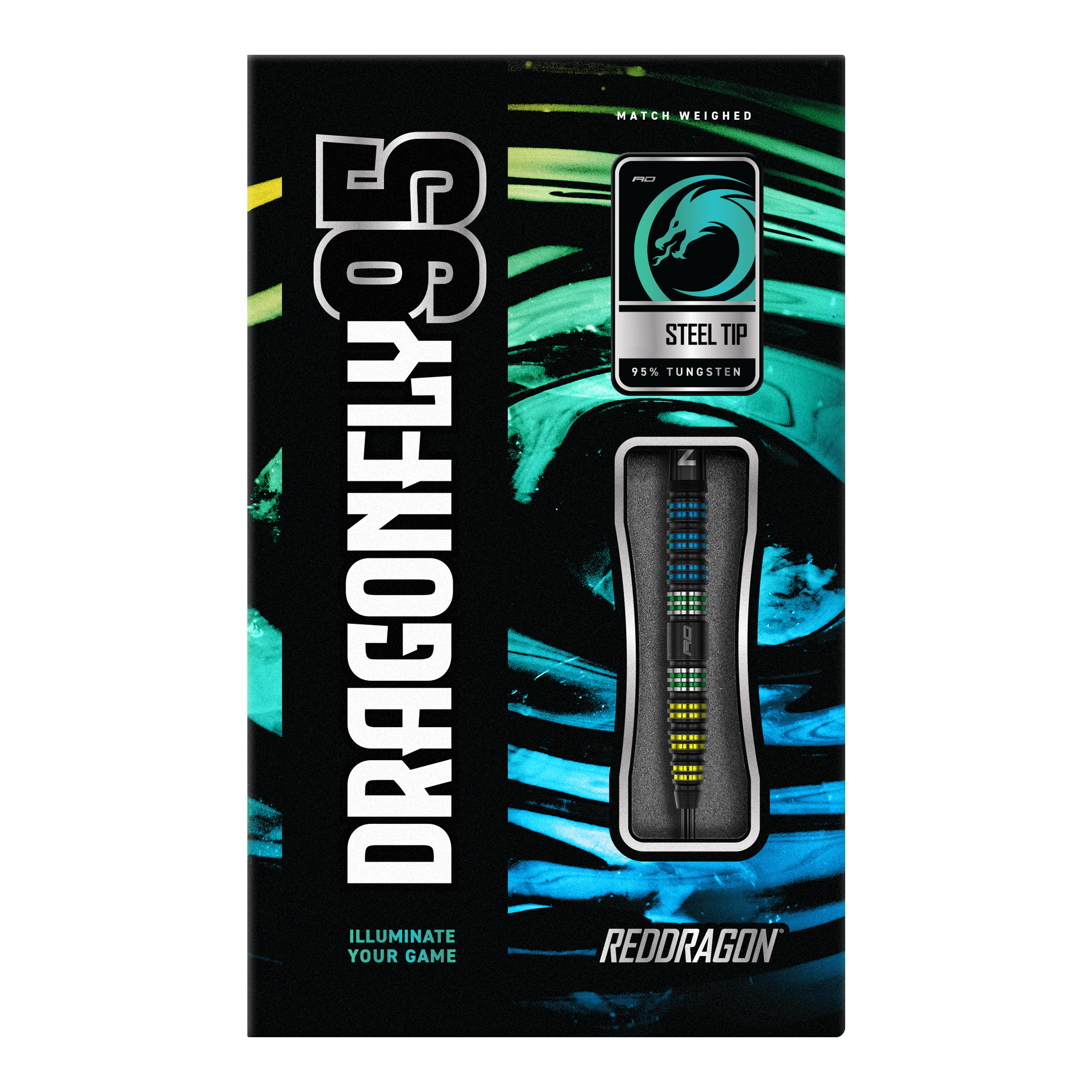 Fléchettes Red Dragon Libellule 95 noires coniques en acier Auf dem Bild ist die Verpackung der "Red Dragon Dragonfly 95 Black Tapered Steeldarts" zu sehen. Die Schachtel hebt das Design der Darts sowie den Schriftzug und die Materialien hervor.