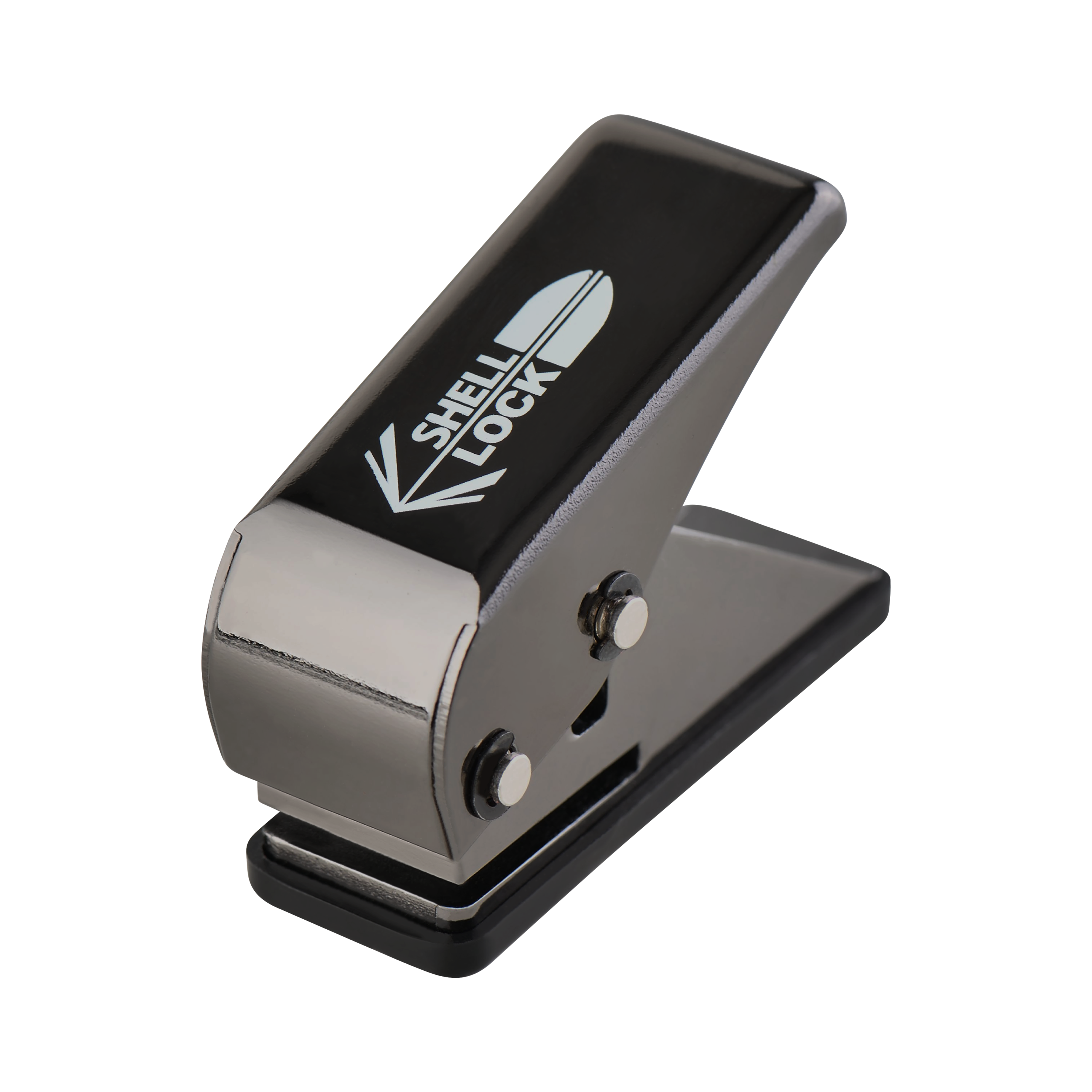 Poinçon de verrouillage de coque One80 style L Poinçon de vol Das Bild zeigt einen schwarzen L-Style One80 Shell Lock Punch Flightlocher. Er wird verwendet, um kleine Löcher in Dart-Flights zu stanzen.