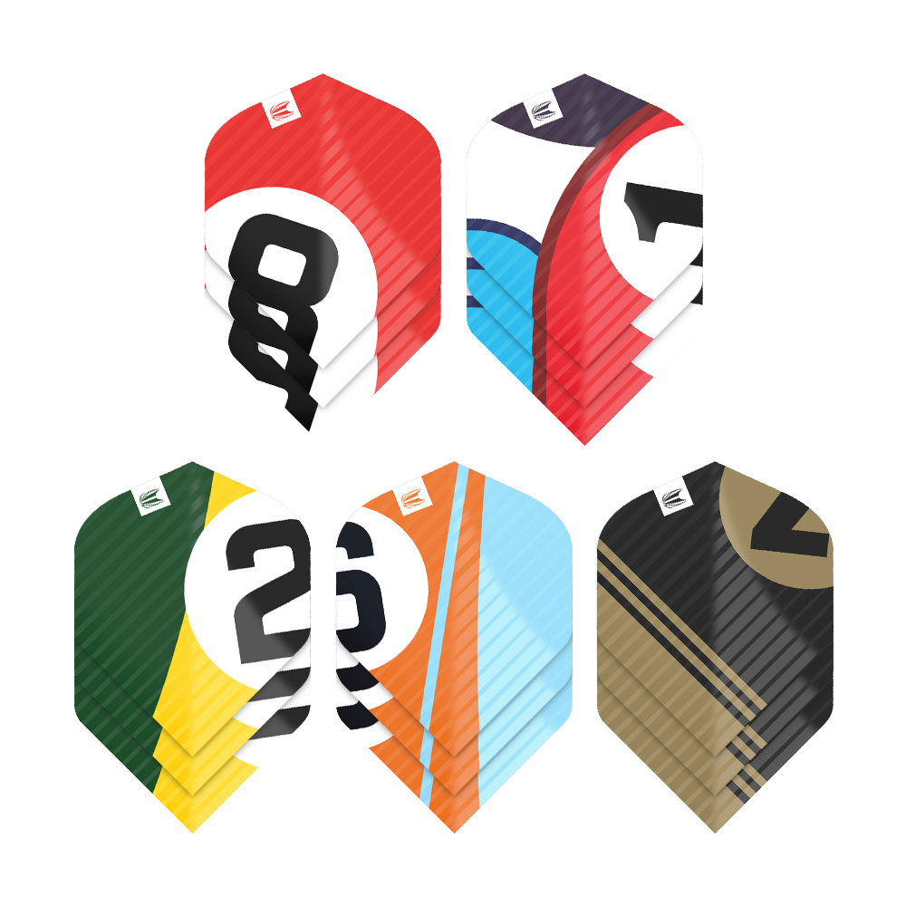 337204_Target_ProUltra_5Sets_Multipack_Chicane_No2_Standard_Flights_1 Das Bild zeigt fünf verschiedene Sets von Dart-Flights in bunten Farben und mit großen Zahlen. Jedes Set hat ein einzigartiges Design und verschiedene Farbkombinationen.