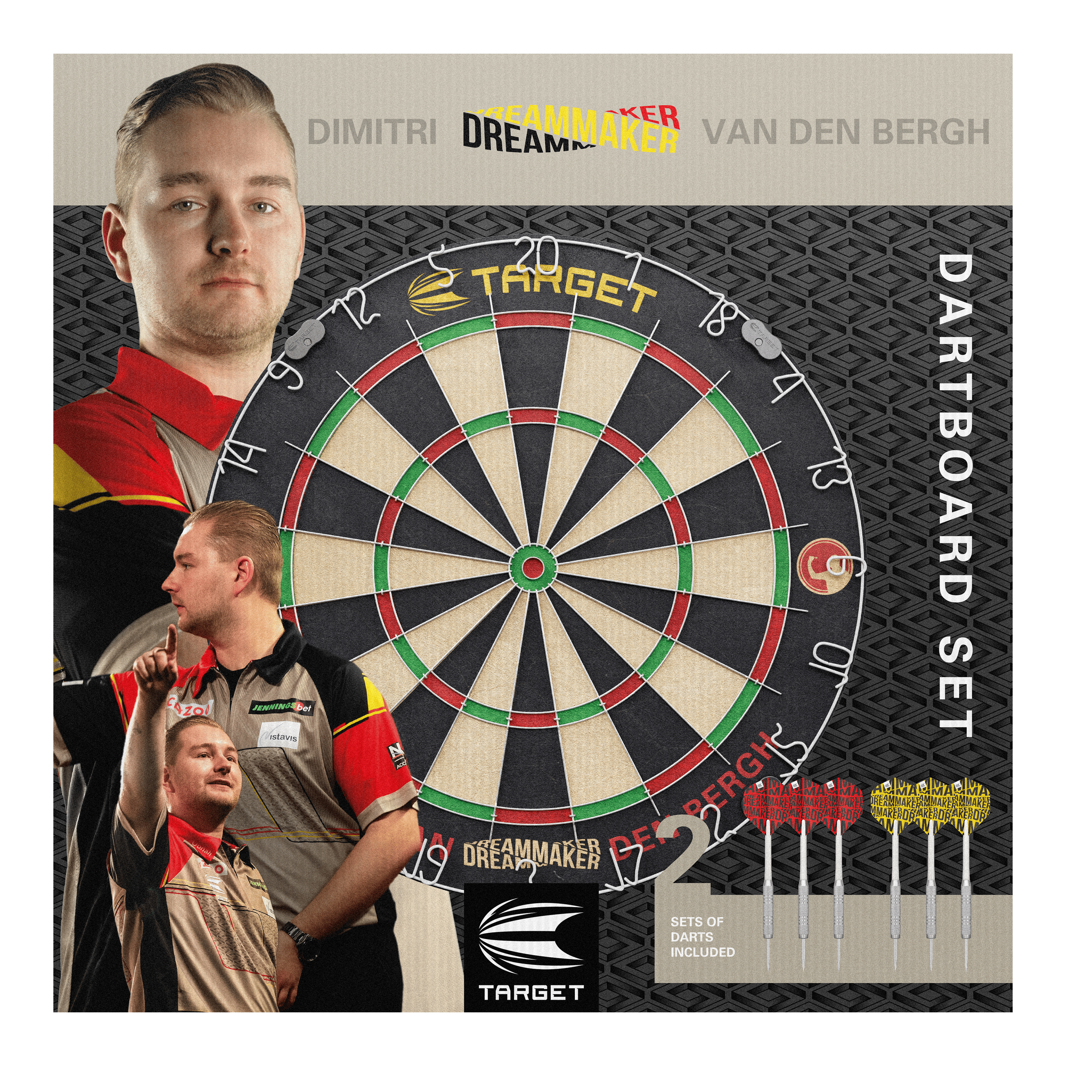 Jeu de fléchettes en acier Target Dimitri Van Den Bergh Das Bild zeigt das Produkt "Target Dimitri Van Den Bergh Steeldartboard Set" mit einer großen Dartscheibe in der Mitte. Rechts unten sieht man sechs mitgelieferte Darts und im Hintergrund ist Dimitri Van Den Bergh mehrfach abgebildet.