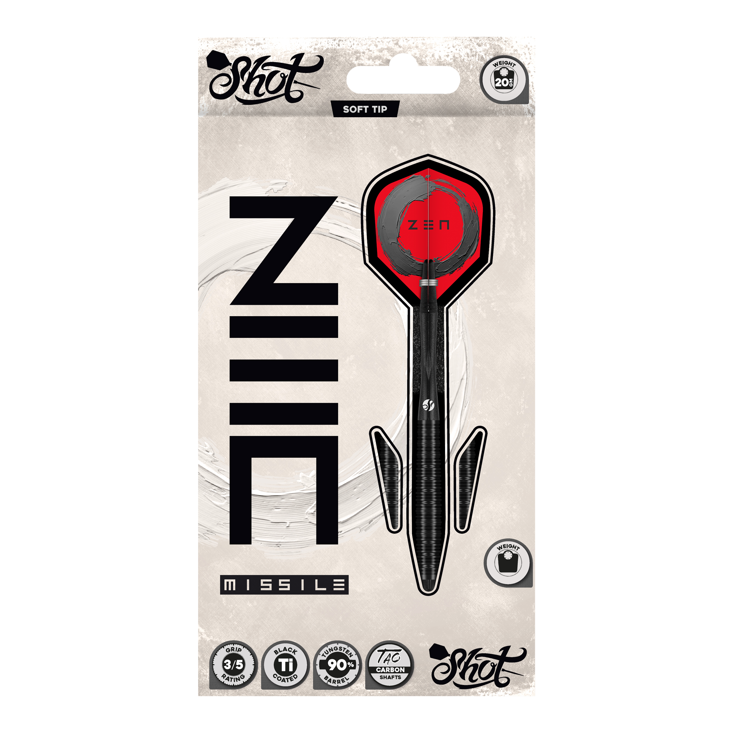 Fléchettes souples Shot ZEN Missile - 20 g Dies ist ein Bild von den Shot ZEN Missile Softdarts - 20g. Die Softdarts sind für das Dartspiel geeignet und zeigen ein modernes Design.