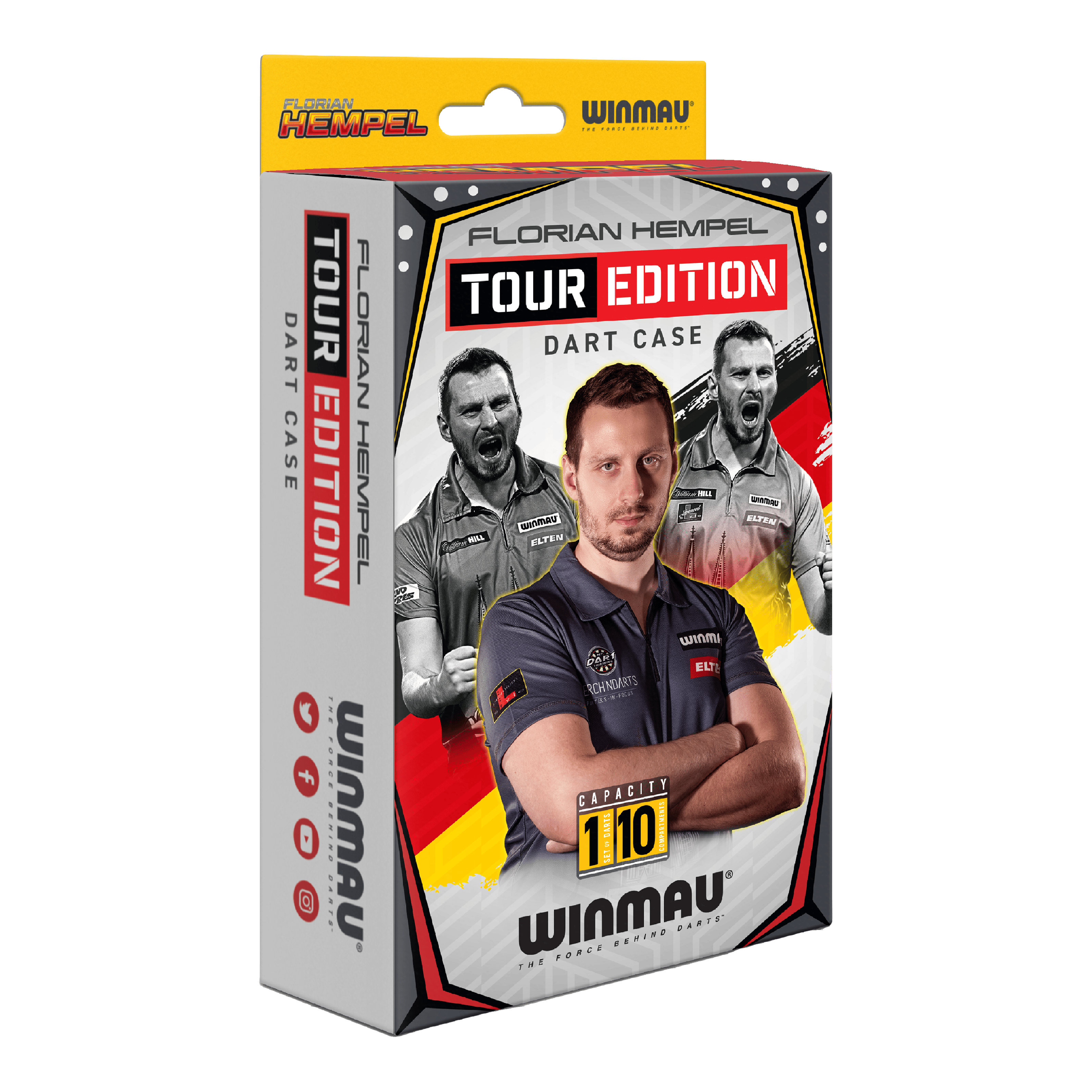 Étui à fléchettes Winmau Florian Hempel Tour Edition Die Verpackung zeigt das Produkt "Winmau Florian Hempel Tour Edition Dartcase". Auf der Vorderseite sind Bilder von Florian Hempel und der Hinweis auf eine Kapazität von 110 Darts abgebildet.