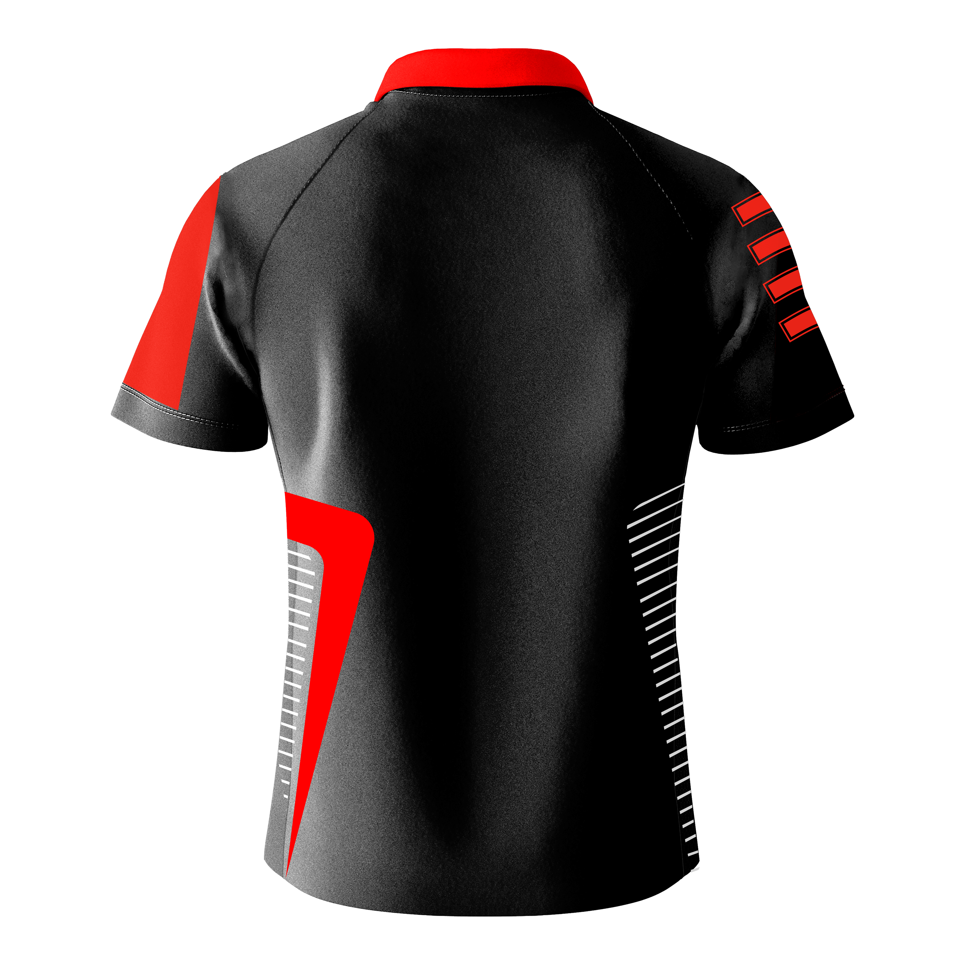 T-shirt Bulls Team Dart - Rouge Das Bild zeigt das Bulls Team Dartshirt in Rot von hinten. Das Shirt ist hauptsächlich schwarz mit roten und weißen Designelementen auf den Ärmeln und an den Seiten.