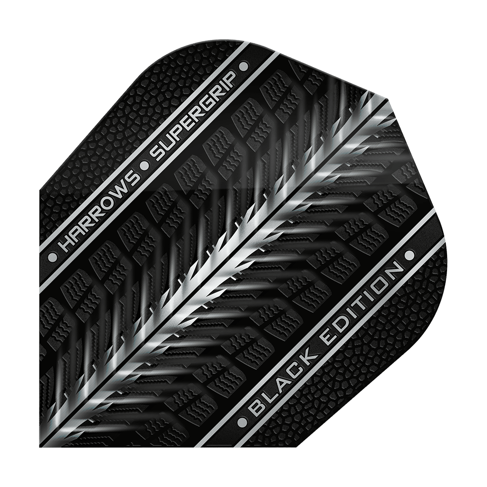 Ailettes Harrows Supergrip Black Edition n°6 Das Bild zeigt das Produkt "Harrows Supergrip Black-Edition No6 Flights". Das Flight ist schwarz mit silbernen und grauen Akzenten sowie der Aufschrift "HARROWS SUPERGRIP BLACK EDITION".