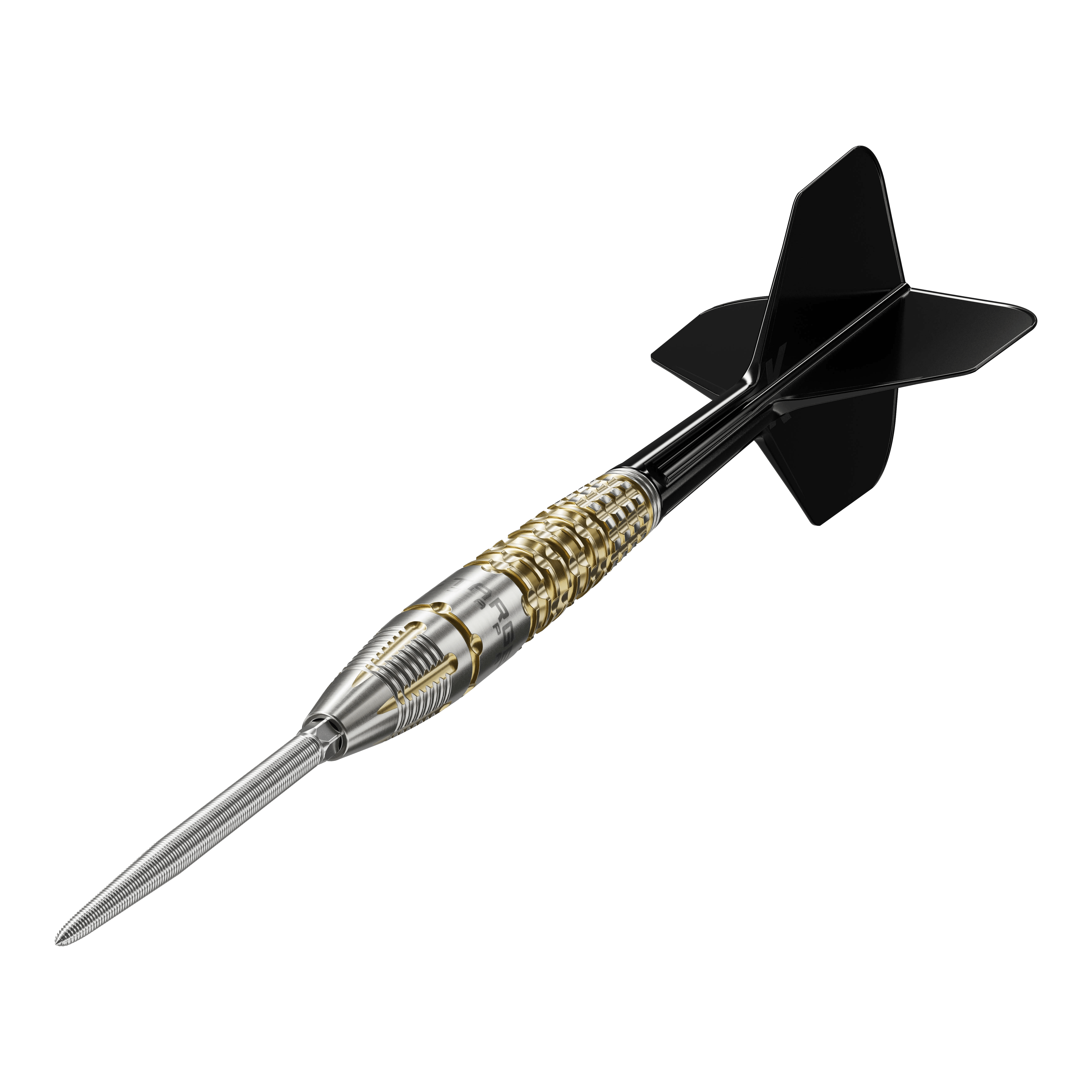 Fléchettes en acier Target Black Marque Warrior Swiss Point Das Bild zeigt einen Target Black Marque Warrior Swiss Point Steeldart. Der Dart hat eine silberne Spitze, einen gold-silbernen Griff und schwarze Flights.